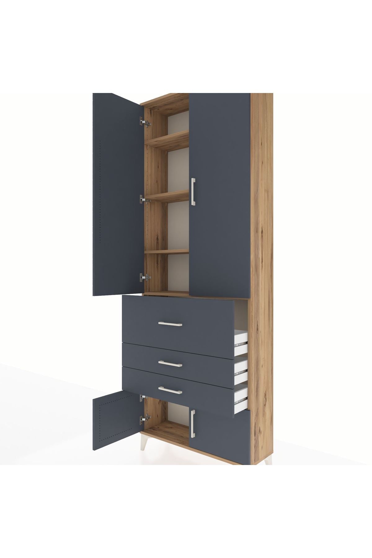 Arges Dolap 4 Raflı 3 Çekmeceli 2 Kapaklı 88x30x243 Çam-Antrasit