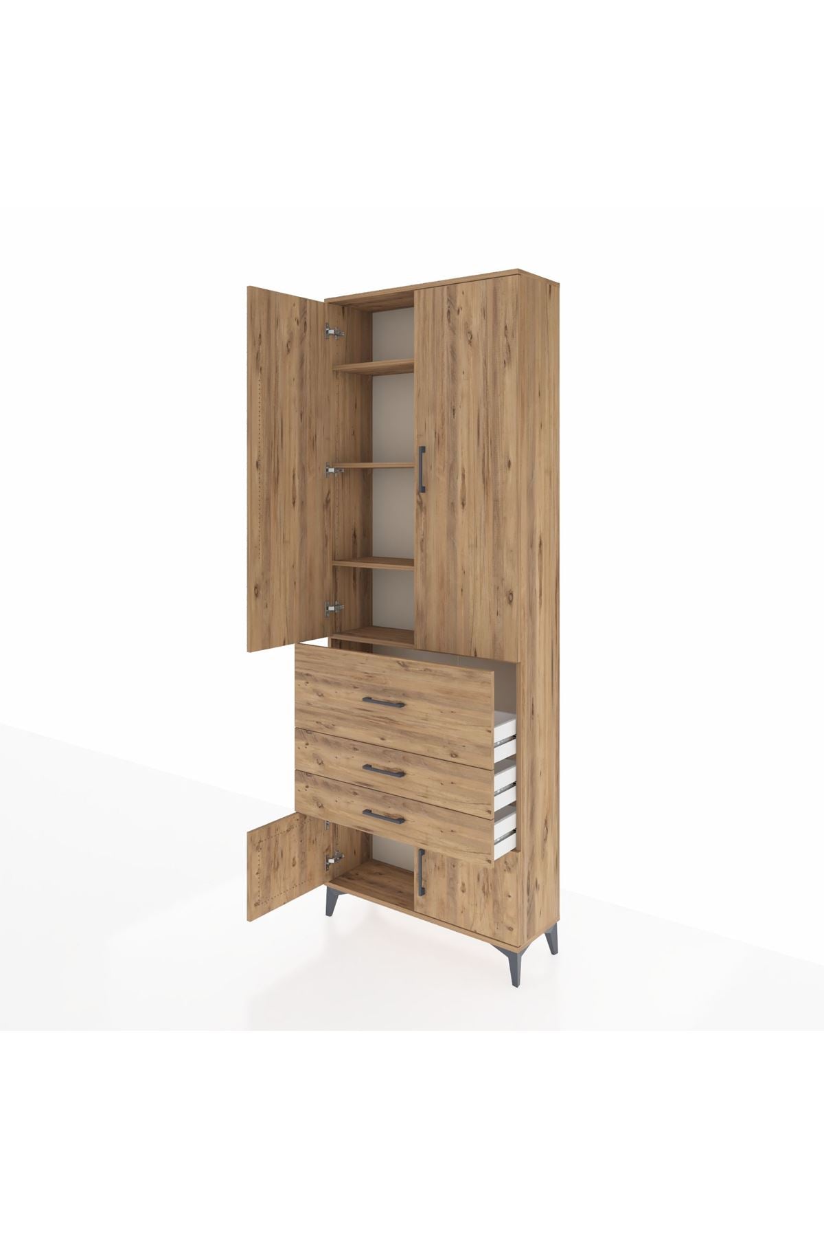 Arges Dolap 4 Raflı 3 Çekmeceli 2 Kapaklı 88x30x243 Çam-Çam