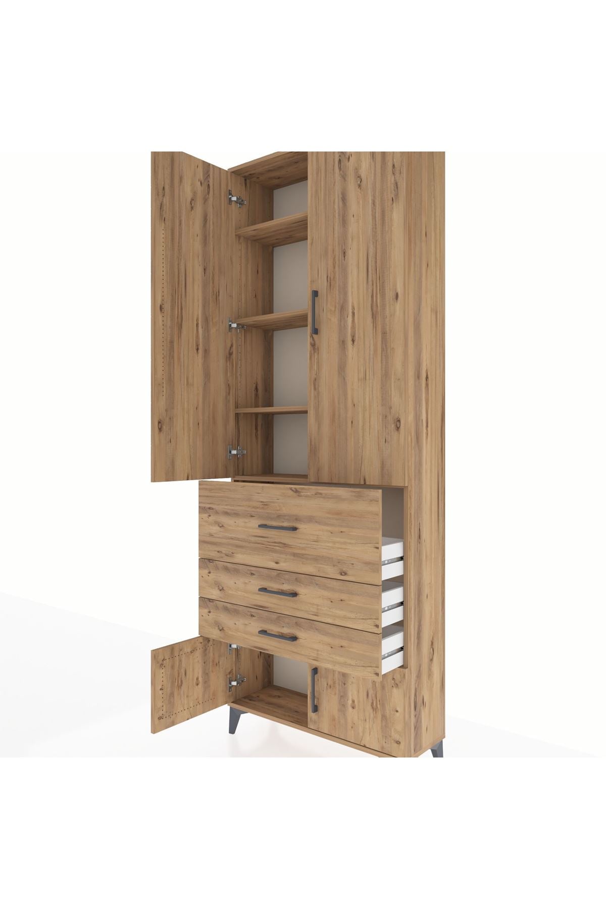 Arges Dolap 4 Raflı 3 Çekmeceli 2 Kapaklı 88x30x243 Çam-Çam