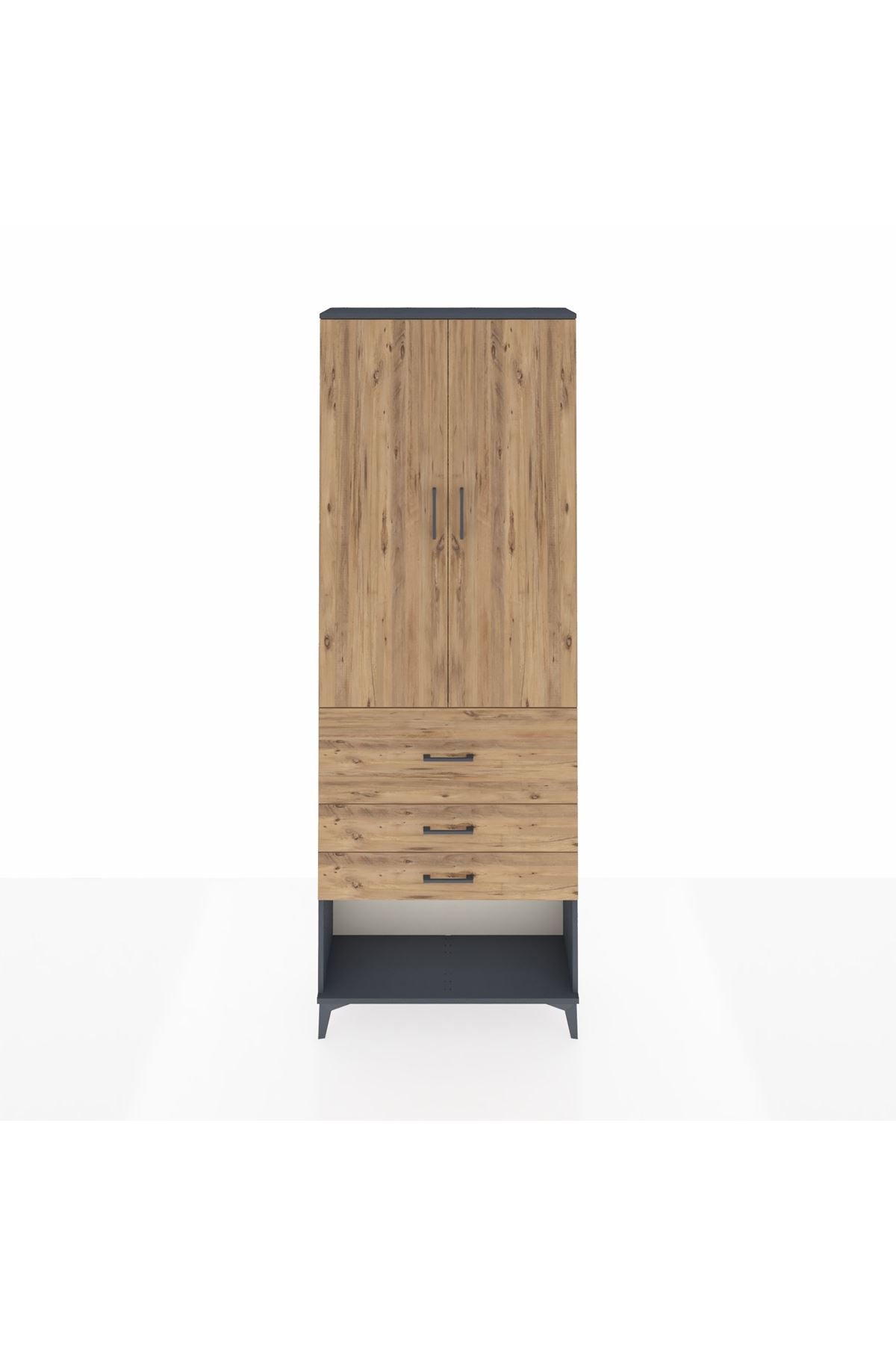 Arges Dolap 4 Raflı 3 Çekmeceli 2 Kapaklı 88x30x243 Antrasit-Çam