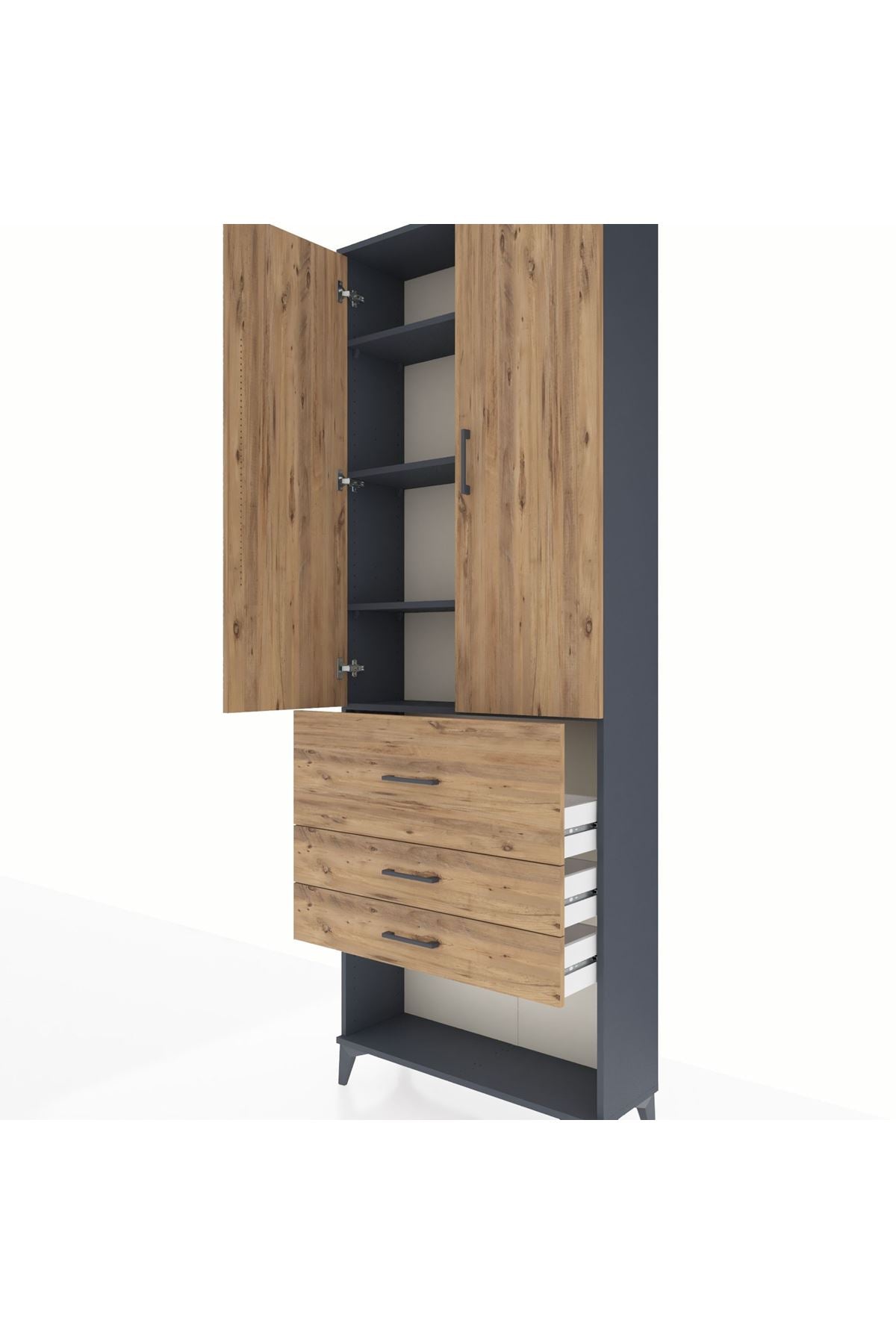 Arges Dolap 4 Raflı 3 Çekmeceli 2 Kapaklı 88x30x243 Antrasit-Çam