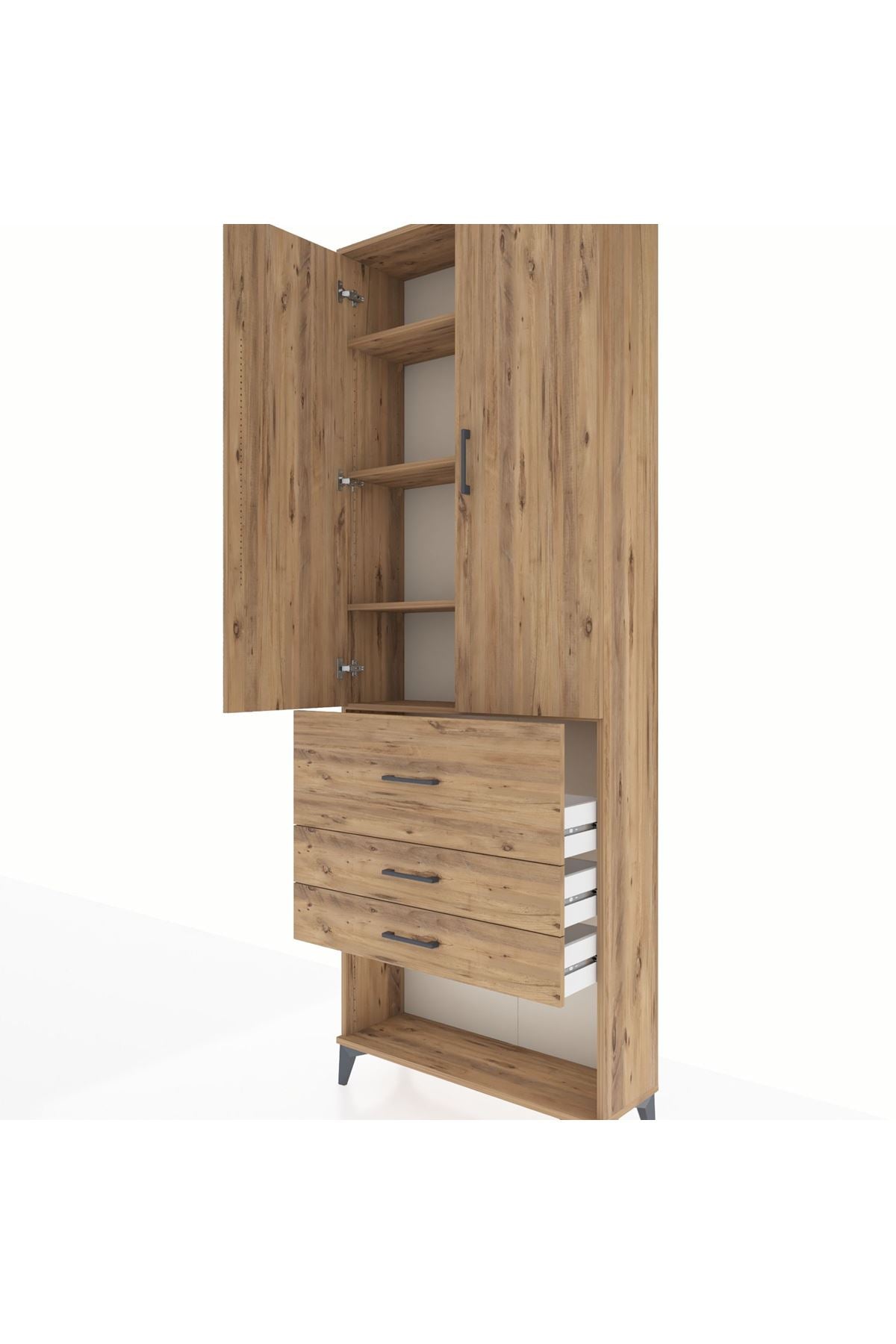 Arges Dolap 4 Raflı 3 Çekmeceli 2 Kapaklı 88x30x243 Çam-Çam