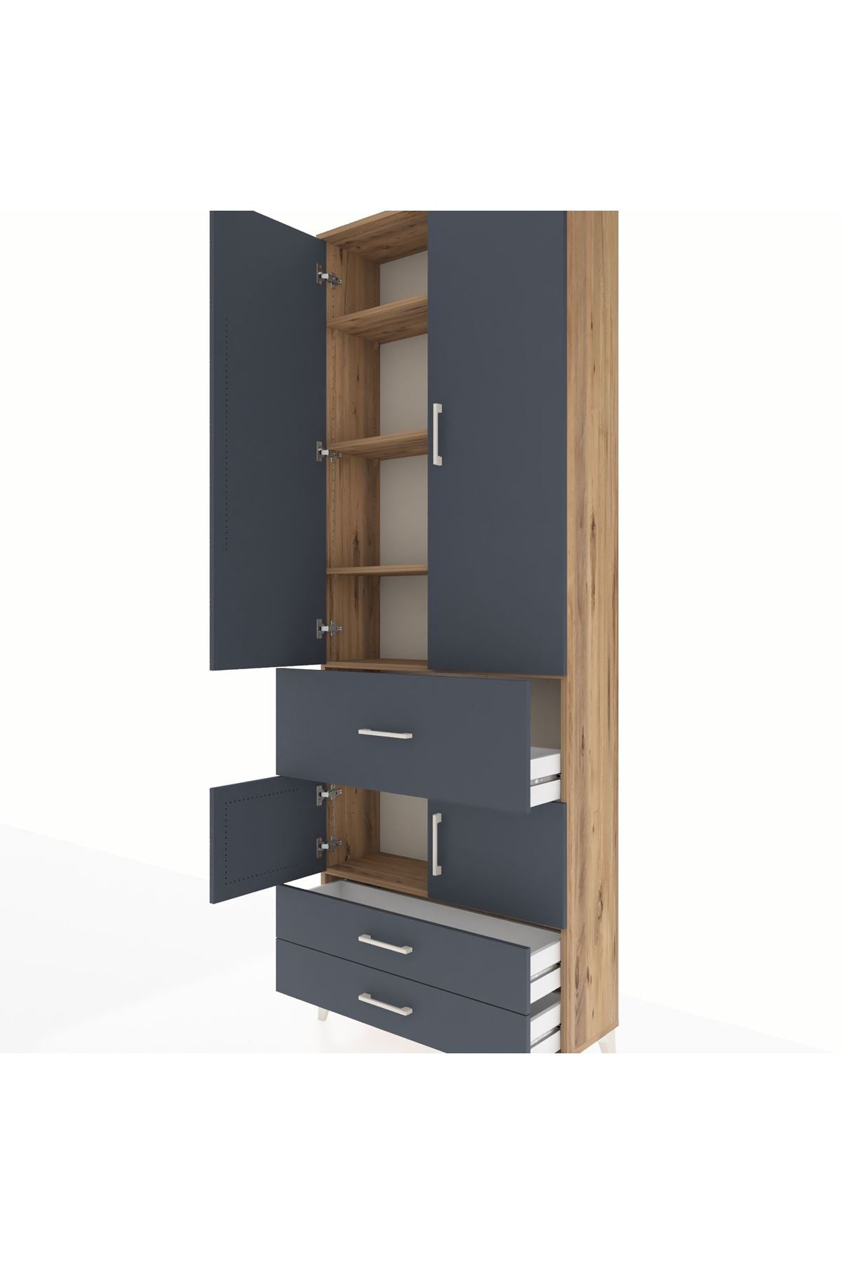 Arges Dolap 5 Raflı 3 Çekmeceli 4 Kapaklı 88x30x243 Çam-Antrasit