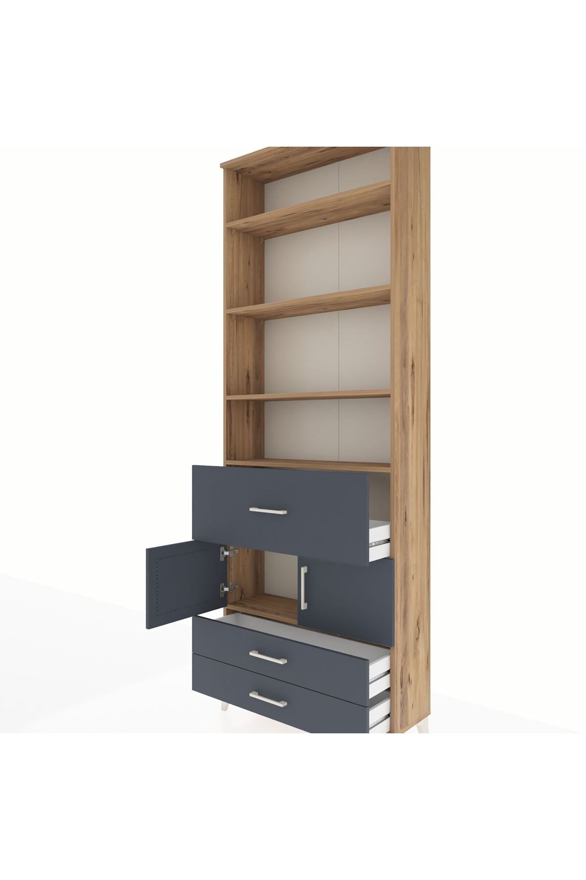Arges Dolap 5 Raflı 3 Çekmeceli 2 Kapaklı 88x30x243 Çam-Antrasit