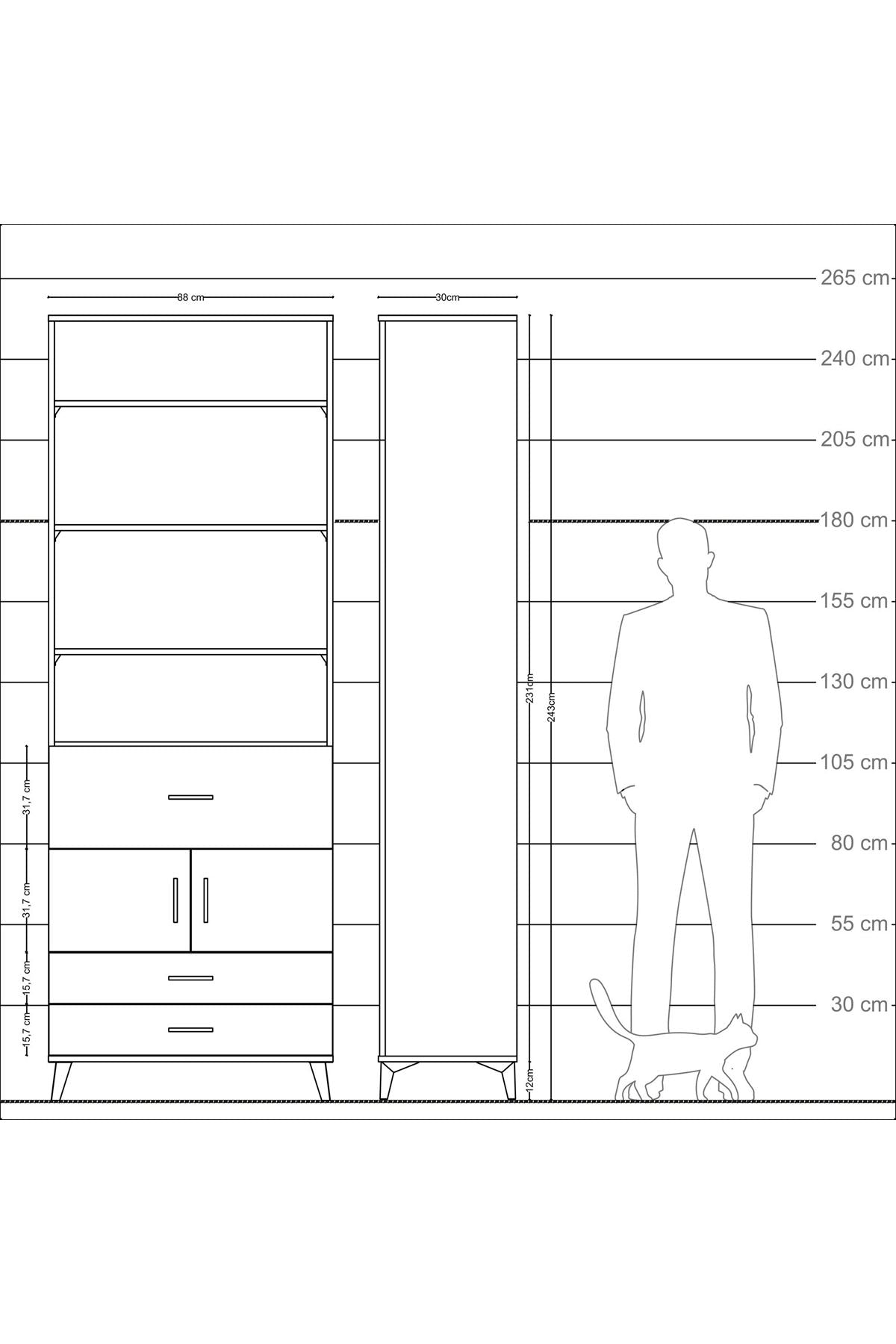 Arges Dolap 5 Raflı 3 Çekmeceli 2 Kapaklı 88x30x243 Çam-Antrasit