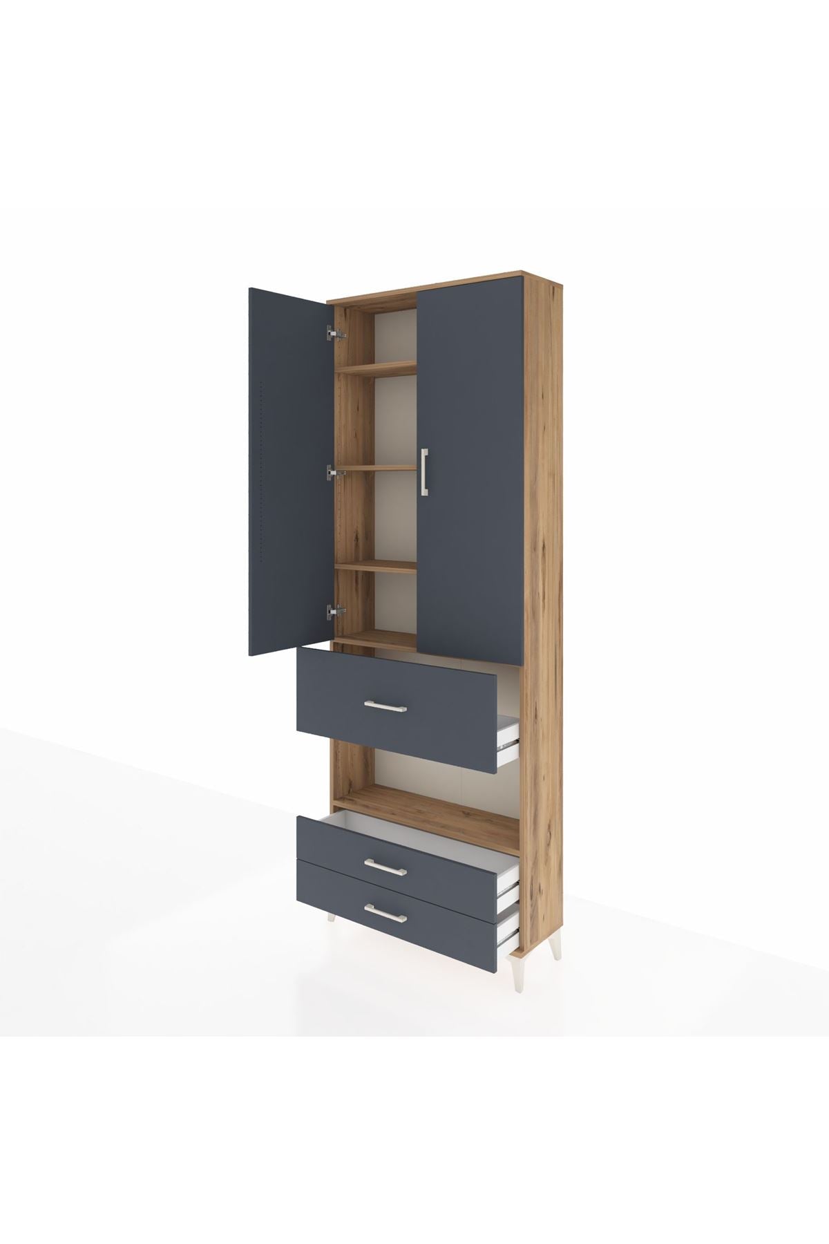 Arges Dolap 5 Raflı 3 Çekmeceli 2 Kapaklı 88x30x243 Çam-Antrasit