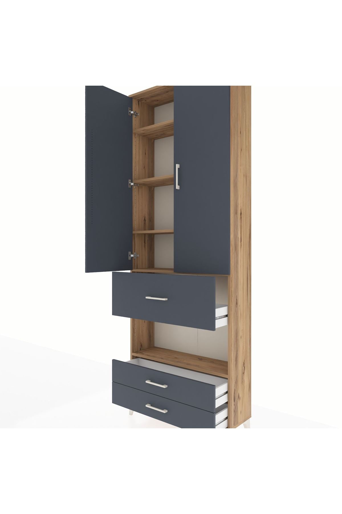 Arges Dolap 5 Raflı 3 Çekmeceli 2 Kapaklı 88x30x243 Çam-Antrasit