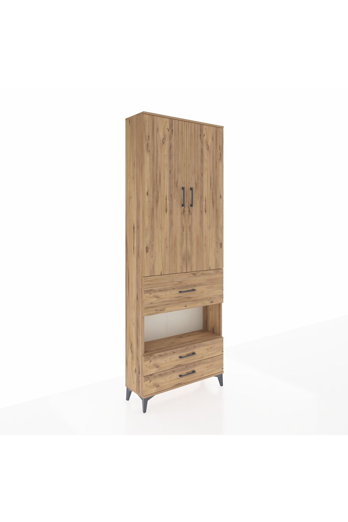 Arges Dolap 5 Raflı 3 Çekmeceli 2 Kapaklı 88x30x243 Çam-Çam