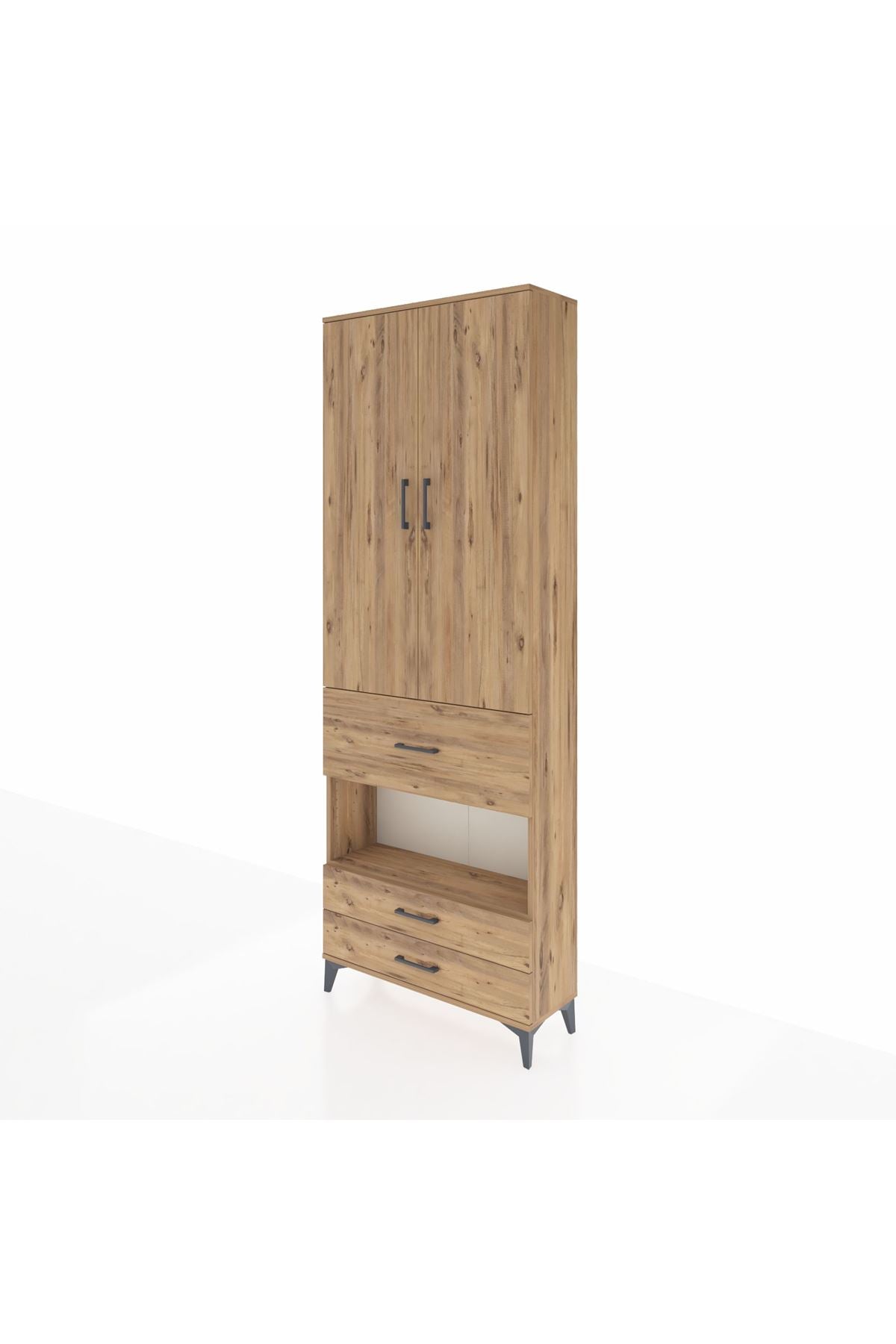 Arges Dolap 5 Raflı 3 Çekmeceli 2 Kapaklı 88x30x243 Çam-Çam