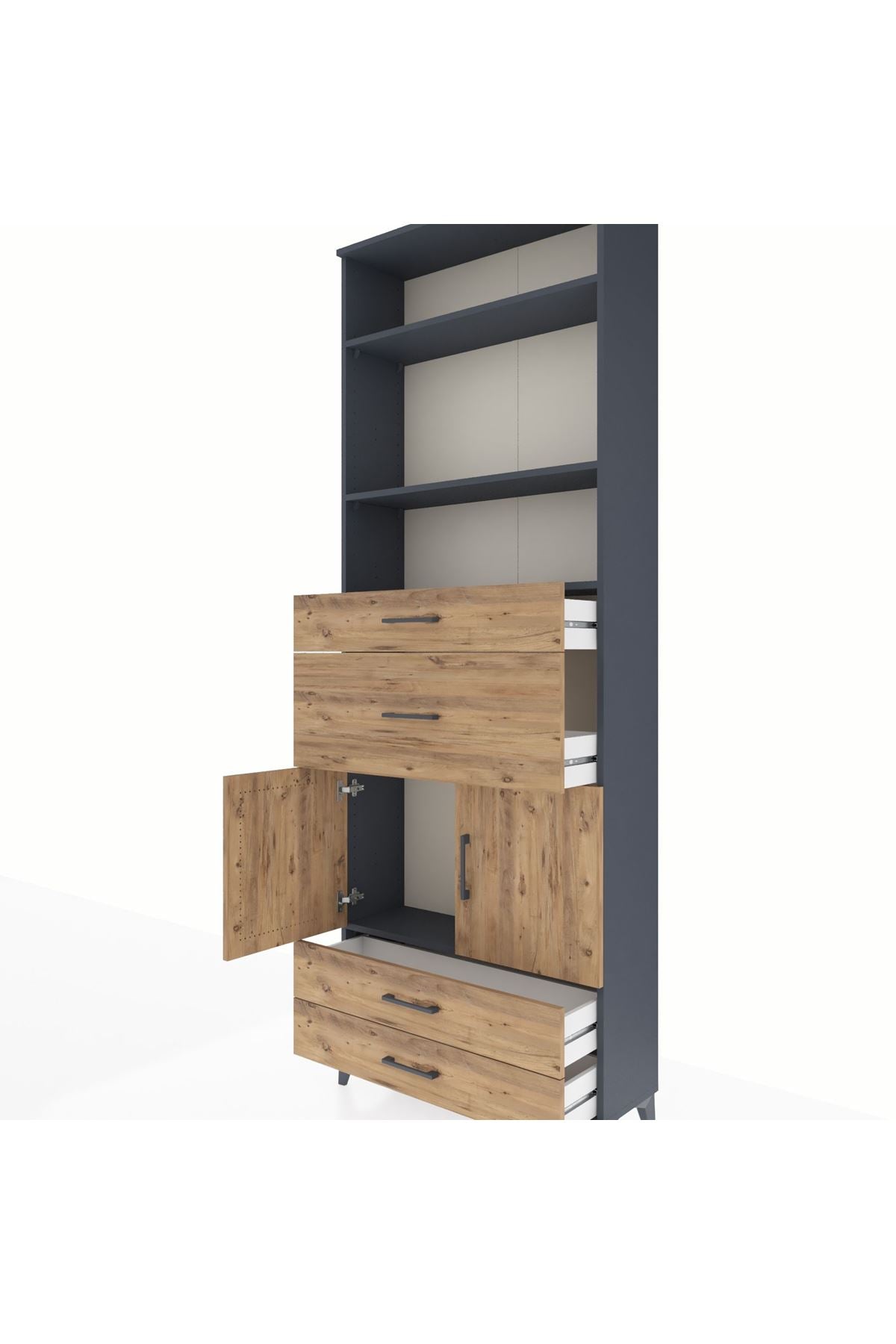 Arges Dolap 4 Raflı 4 Çekmeceli 2 Kapaklı 88x30x243 Antrasit-Çam