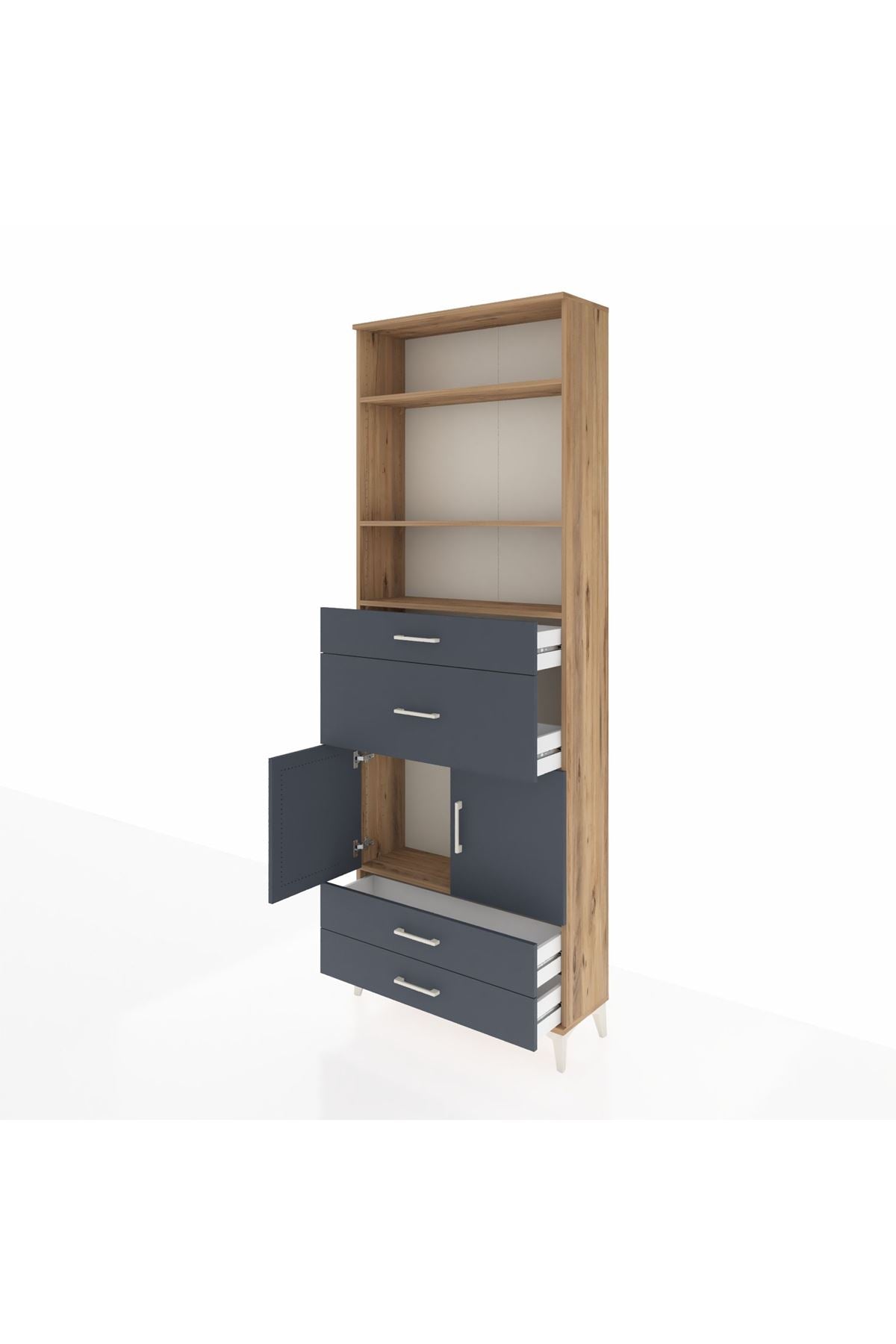 Arges Dolap 4 Raflı 4 Çekmeceli 2 Kapaklı 88x30x243 Çam-Antrasit