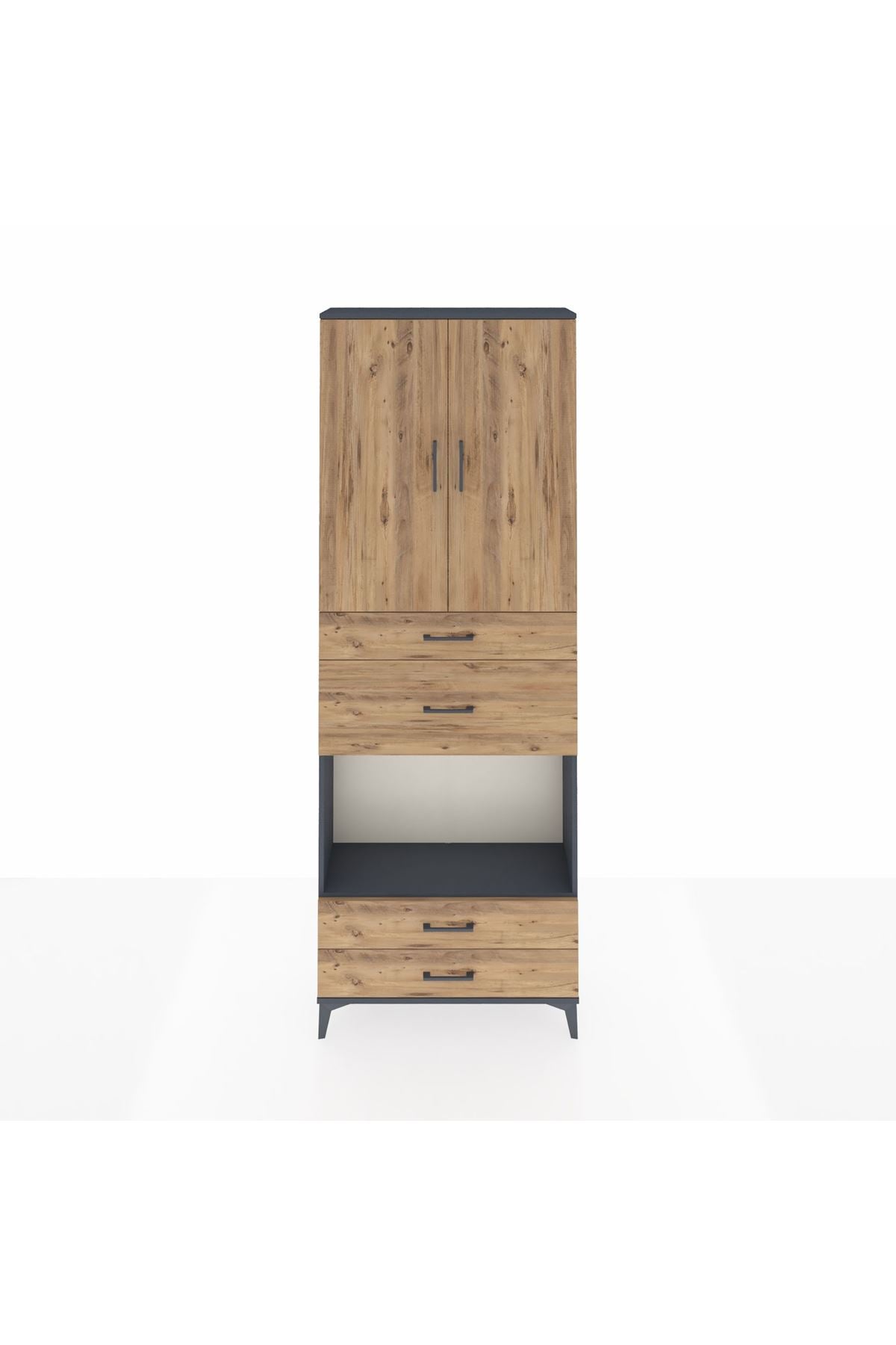 Arges Dolap 4 Raflı 4 Çekmeceli 2 Kapaklı 88x30x243 Antrasit-Çam