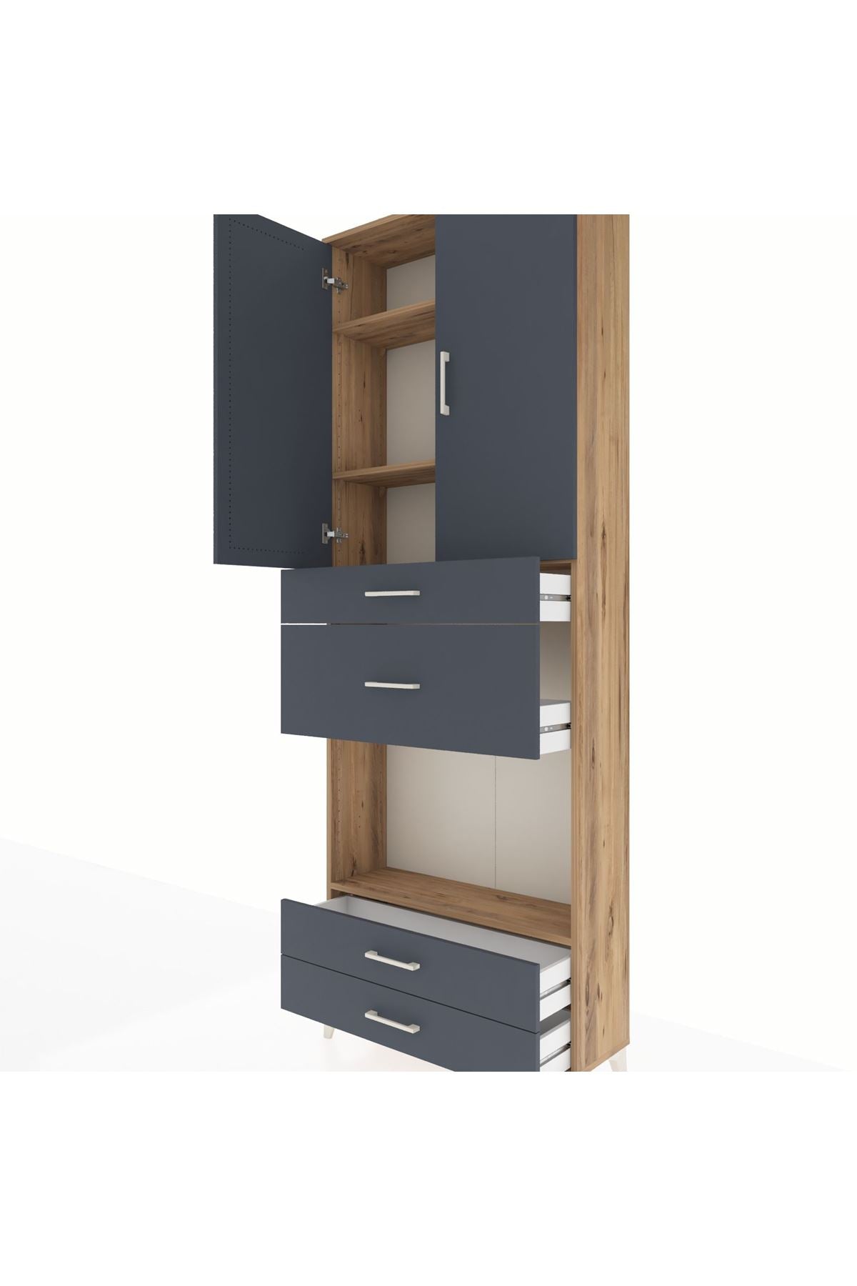 Arges Dolap 4 Raflı 4 Çekmeceli 2 Kapaklı 88x30x243 Çam-Antrasit