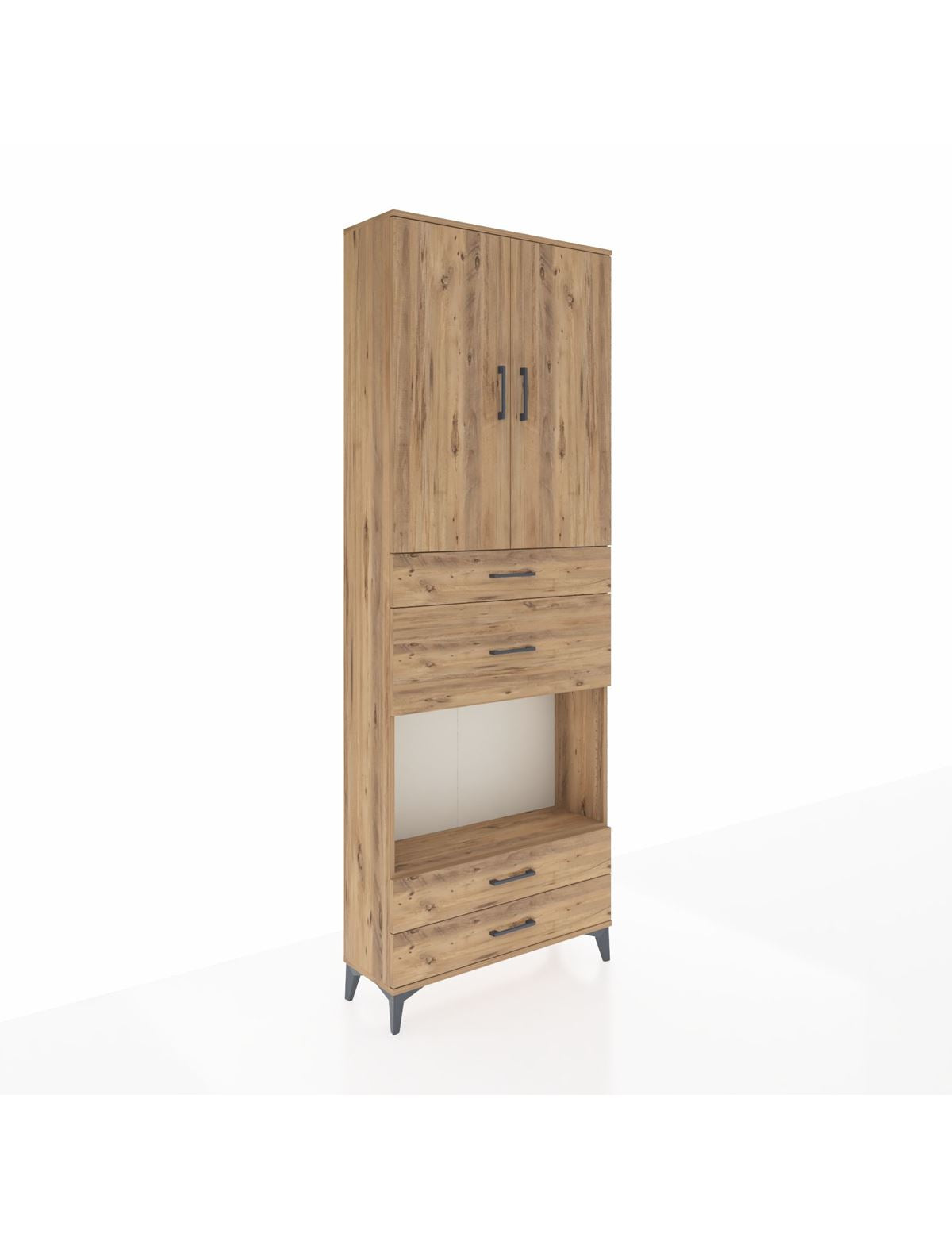 Arges Dolap 4 Raflı 4 Çekmeceli 2 Kapaklı 88x30x243 Çam-Çam