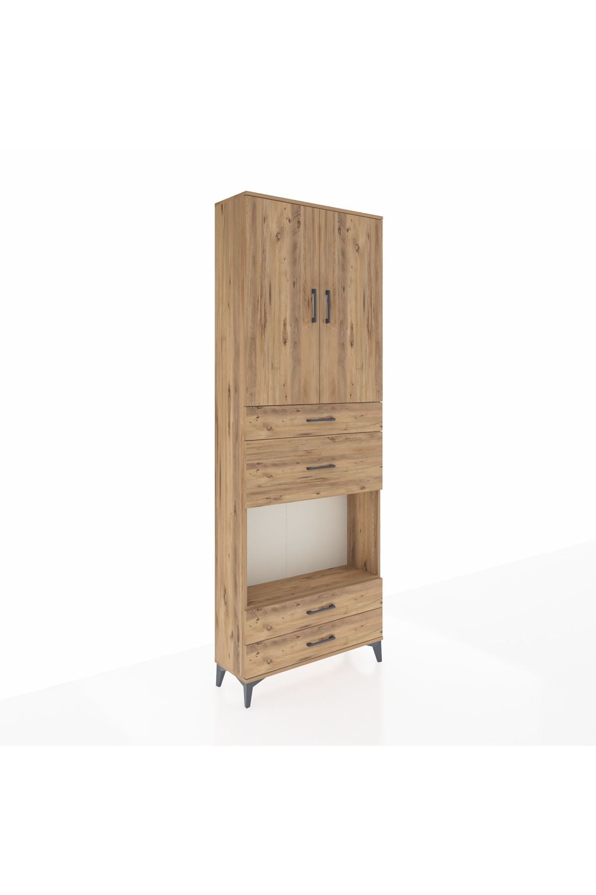 Arges Dolap 4 Raflı 4 Çekmeceli 2 Kapaklı 88x30x243 Çam-Çam