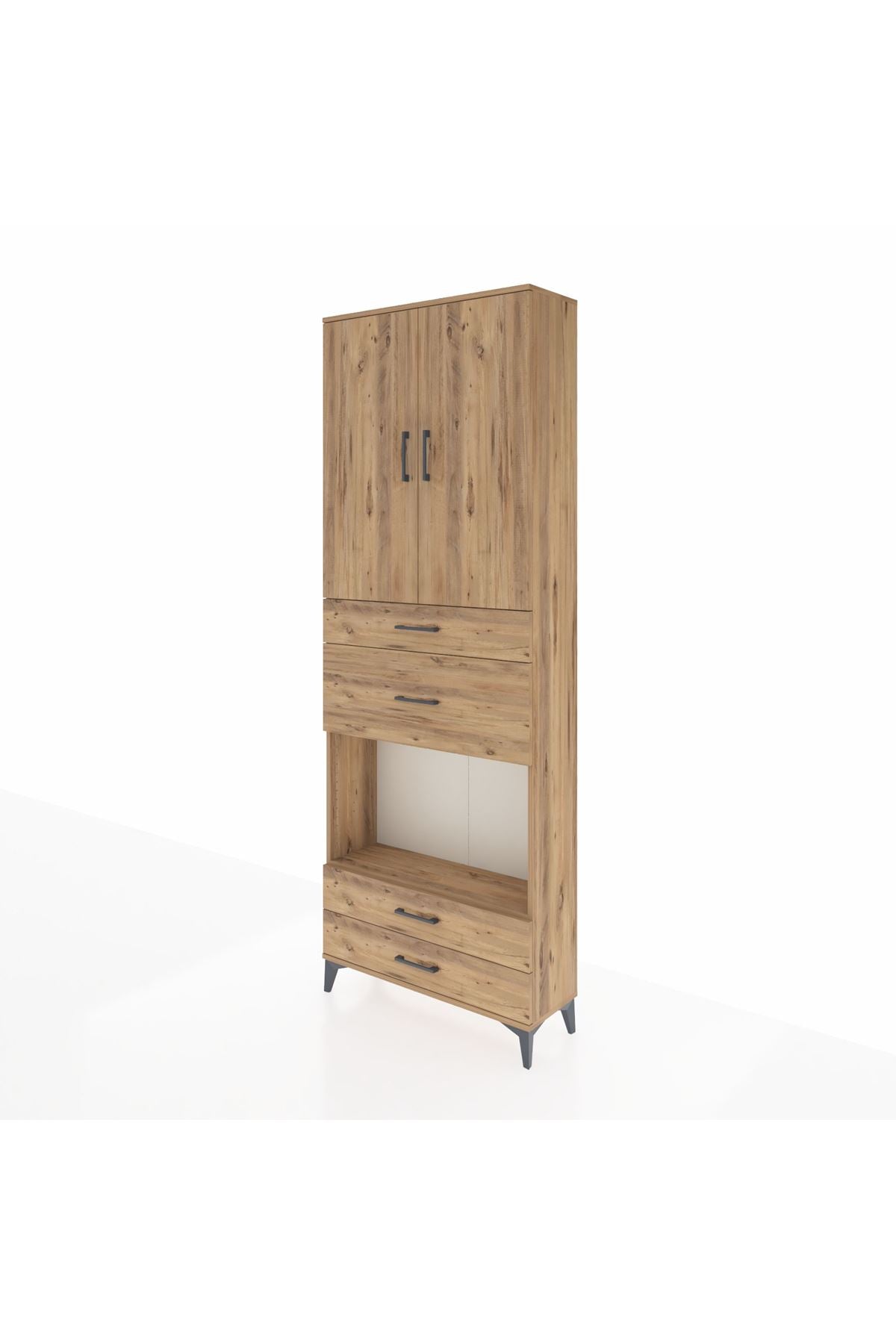 Arges Dolap 4 Raflı 4 Çekmeceli 2 Kapaklı 88x30x243 Çam-Çam