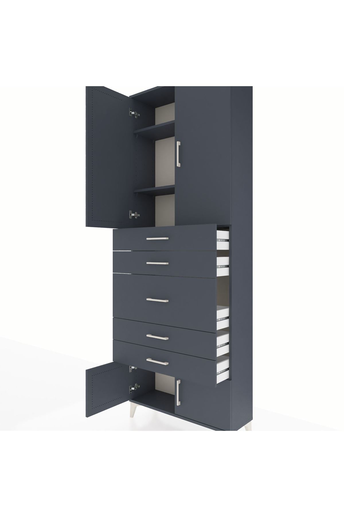 Arges Dolap 3 Raflı 5 Çekmeceli 4 Kapaklı 88x30x243 Antrasit-Antrasit