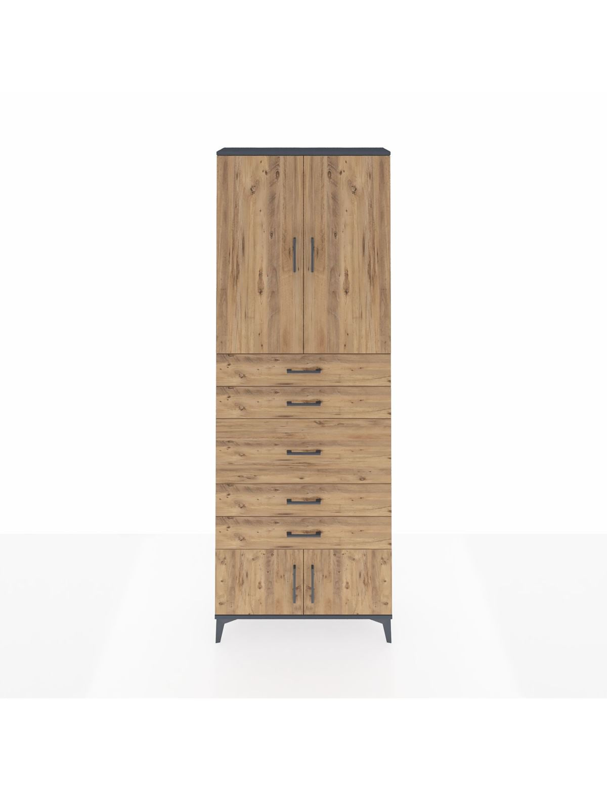 Arges Dolap 3 Raflı 5 Çekmeceli 4 Kapaklı 88x30x243 Antrasit-Çam