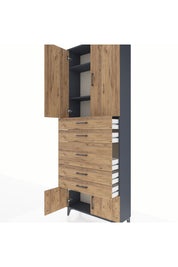 Arges Dolap 3 Raflı 5 Çekmeceli 4 Kapaklı 88x30x243 Antrasit-Çam