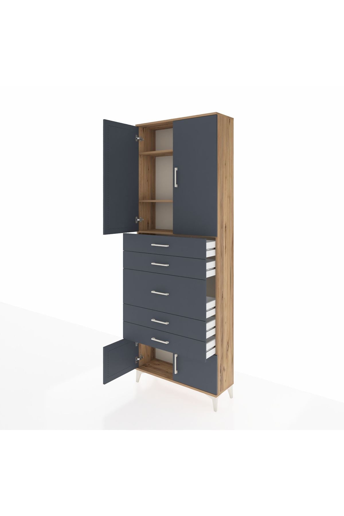 Arges Dolap 3 Raflı 5 Çekmeceli 4 Kapaklı 88x30x243 Çam-Antrasit