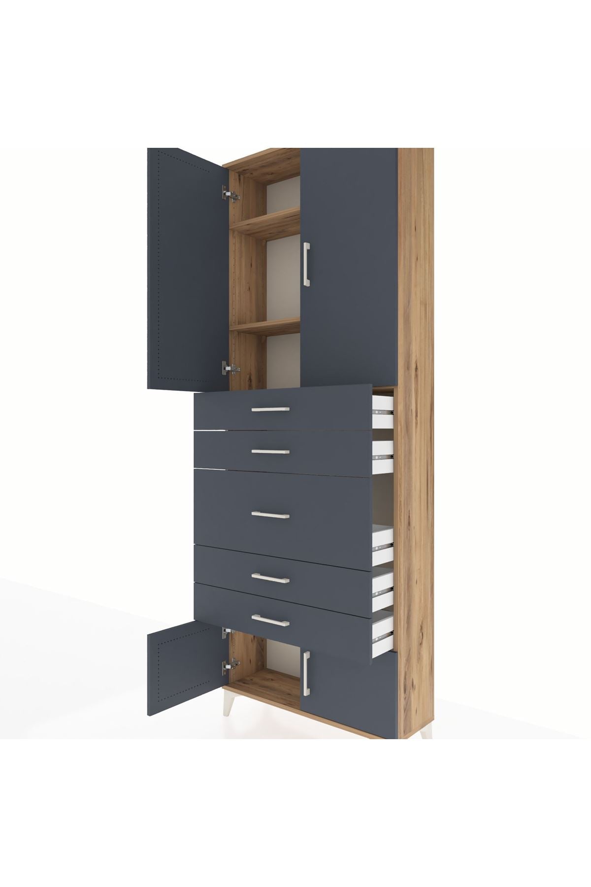 Arges Dolap 3 Raflı 5 Çekmeceli 4 Kapaklı 88x30x243 Çam-Antrasit