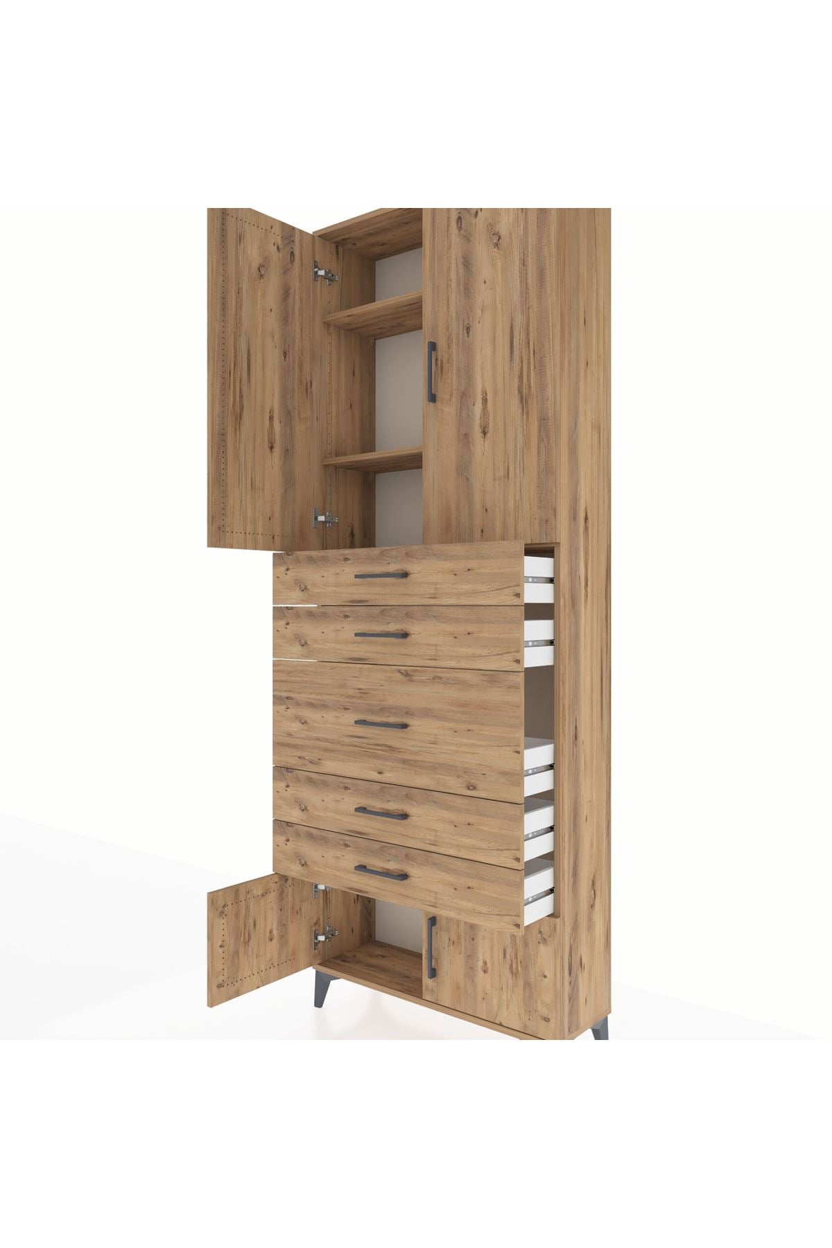 Arges Dolap 3 Raflı 5 Çekmeceli 4 Kapaklı 88x30x243 Çam-Çam