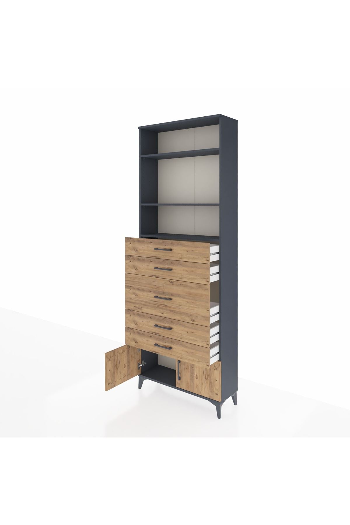 Arges Dolap 3 Raflı 5 Çekmeceli 2 Kapaklı 88x30x243 Antrasit-Çam