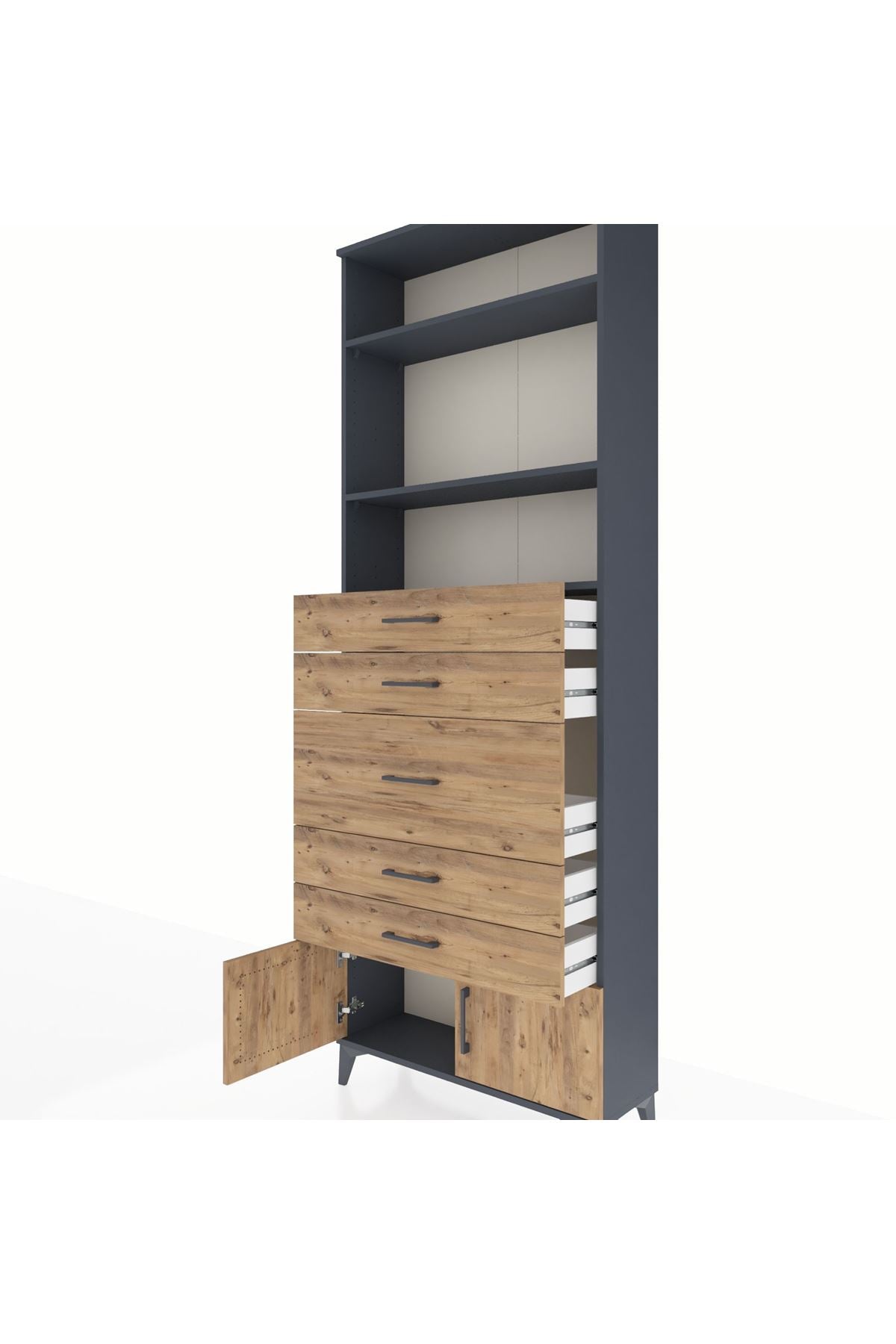 Arges Dolap 3 Raflı 5 Çekmeceli 2 Kapaklı 88x30x243 Antrasit-Çam