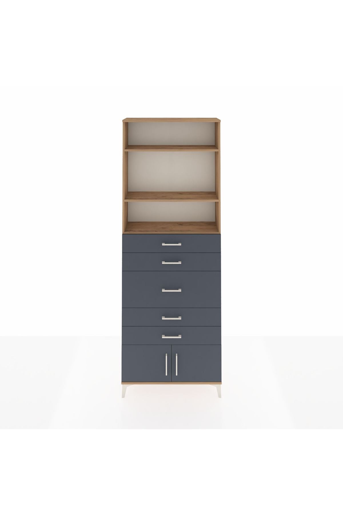 Arges Dolap 3 Raflı 5 Çekmeceli 2 Kapaklı 88x30x243 Çam-Antrasit