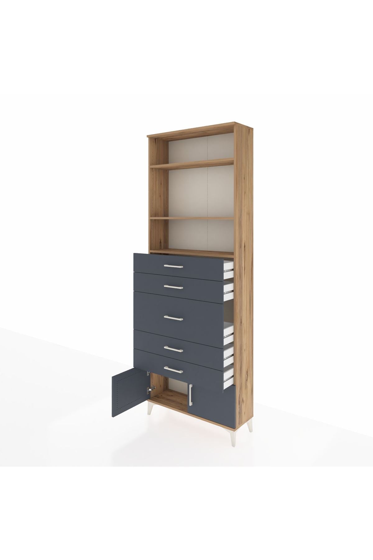 Arges Dolap 3 Raflı 5 Çekmeceli 2 Kapaklı 88x30x243 Çam-Antrasit