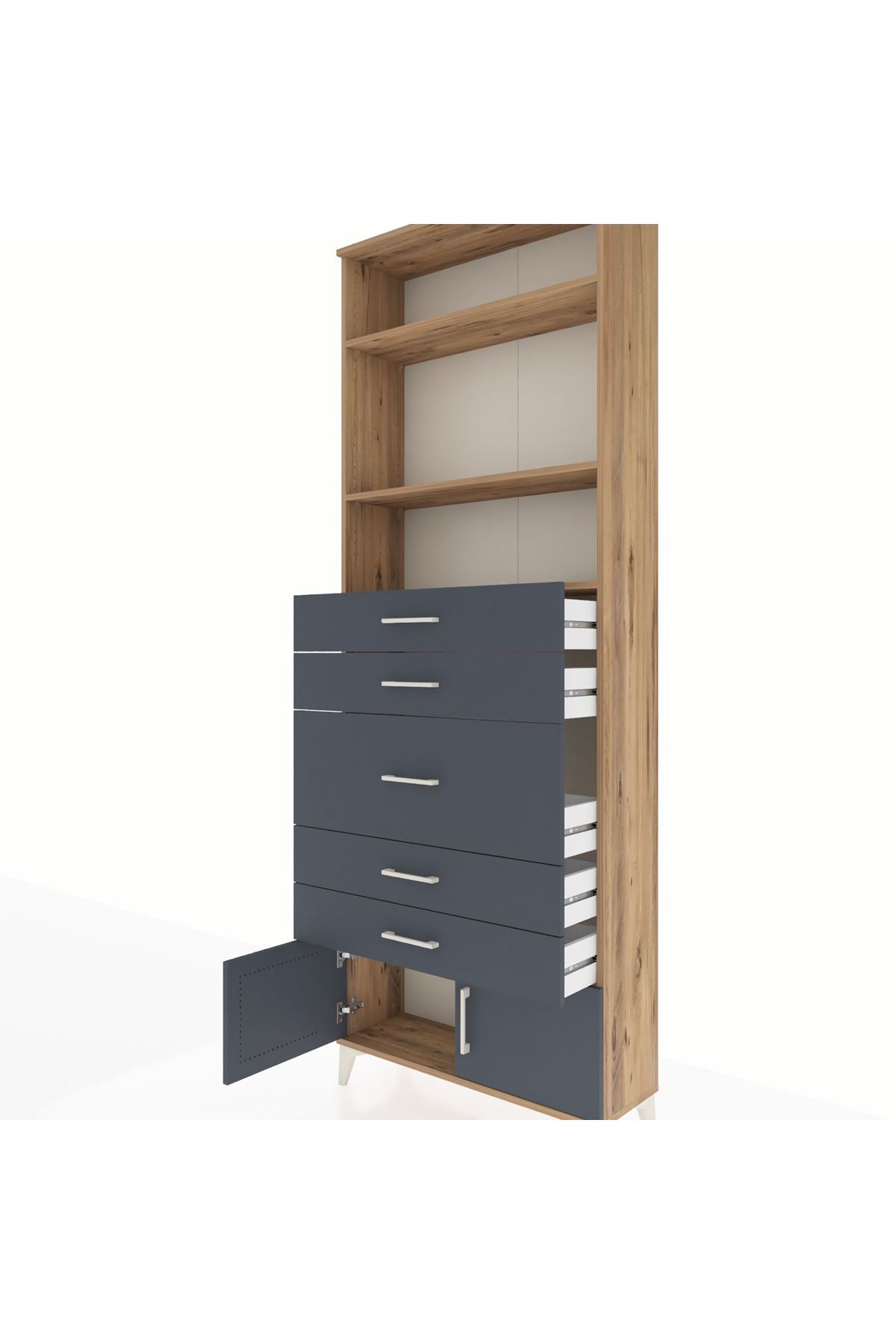 Arges Dolap 3 Raflı 5 Çekmeceli 2 Kapaklı 88x30x243 Çam-Antrasit