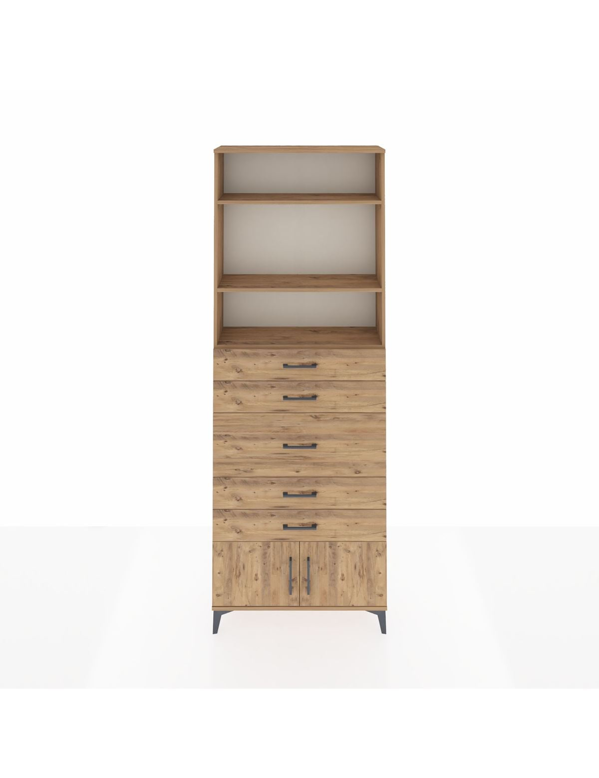 Arges Dolap 3 Raflı 5 Çekmeceli 2 Kapaklı 88x30x243 Çam-Çam