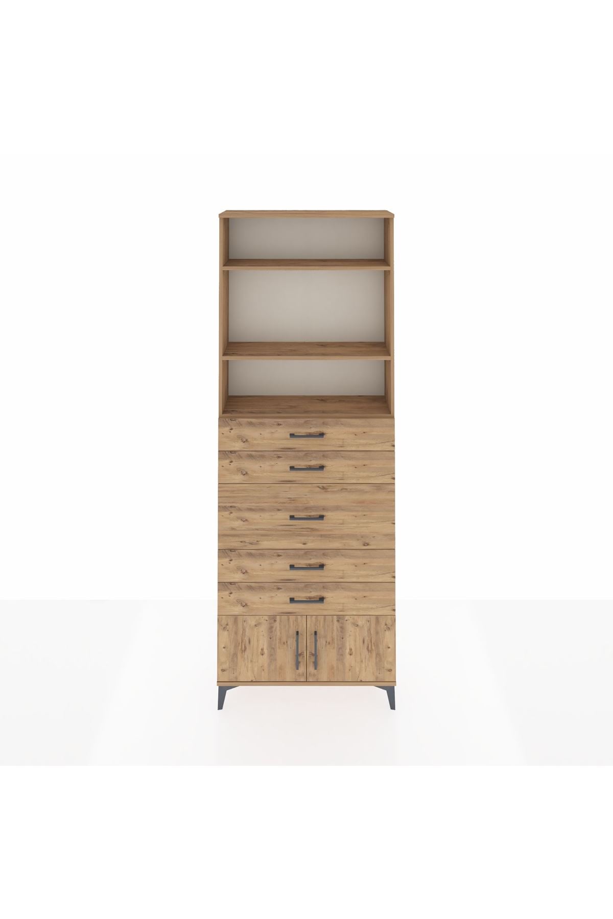 Arges Dolap 3 Raflı 5 Çekmeceli 2 Kapaklı 88x30x243 Çam-Çam