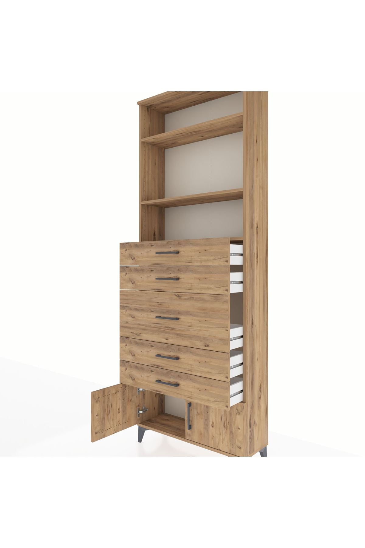 Arges Dolap 3 Raflı 5 Çekmeceli 2 Kapaklı 88x30x243 Çam-Çam