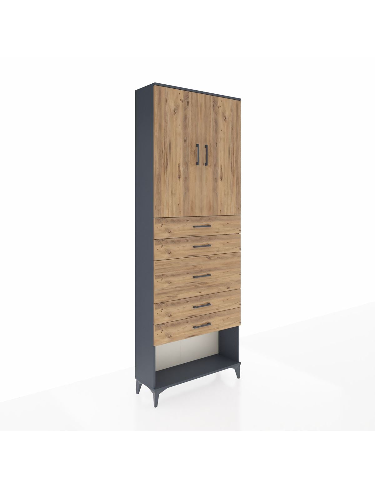 Arges Dolap 3 Raflı 5 Çekmeceli 2 Kapaklı 88x30x243 Antrasit-Çam