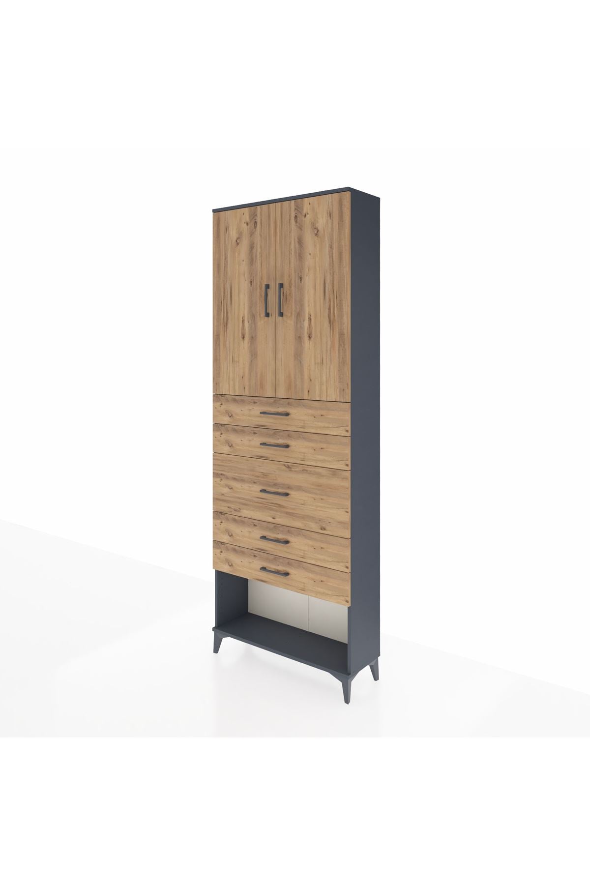 Arges Dolap 3 Raflı 5 Çekmeceli 2 Kapaklı 88x30x243 Antrasit-Çam