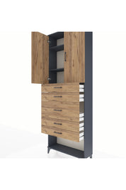 Arges Dolap 3 Raflı 5 Çekmeceli 2 Kapaklı 88x30x243 Antrasit-Çam