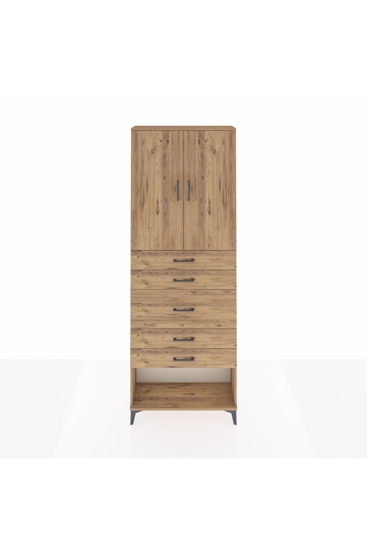 Arges Dolap 3 Raflı 5 Çekmeceli 2 Kapaklı 88x30x243 Çam-Çam