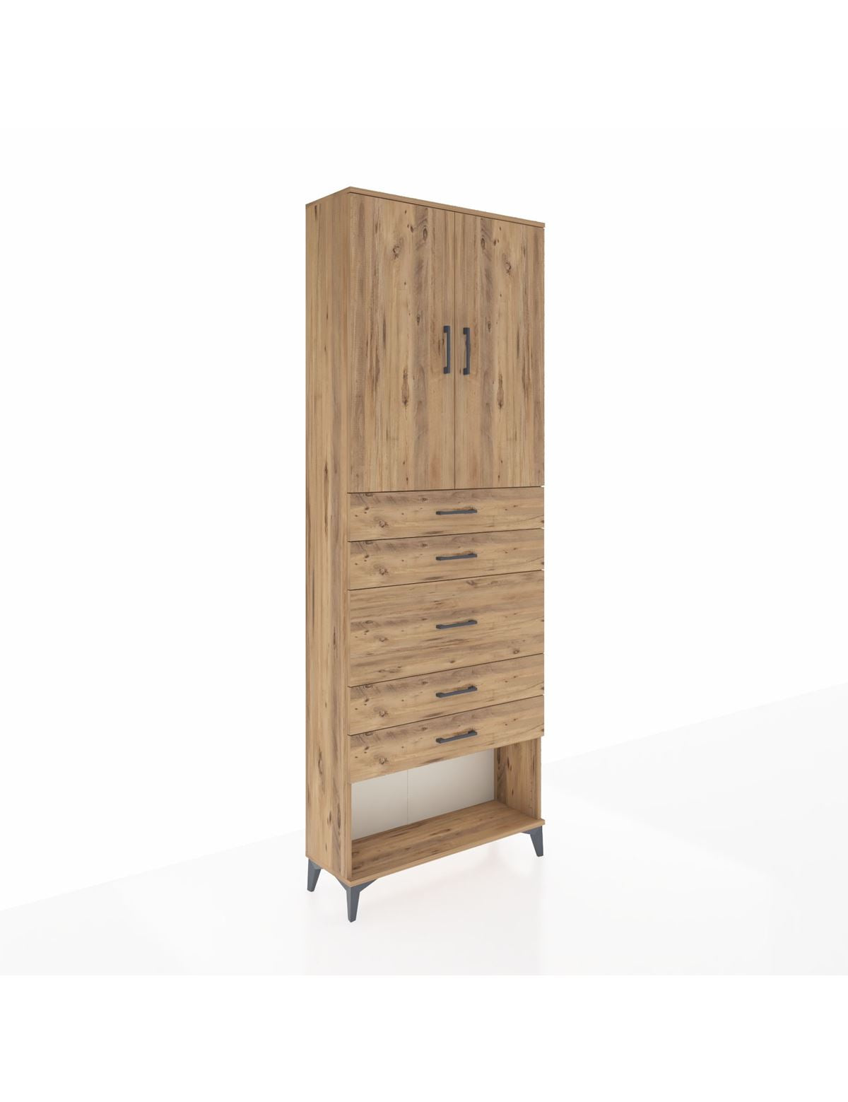 Arges Dolap 3 Raflı 5 Çekmeceli 2 Kapaklı 88x30x243 Çam-Çam