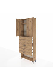 Arges Dolap 3 Raflı 5 Çekmeceli 2 Kapaklı 88x30x243 Çam-Çam