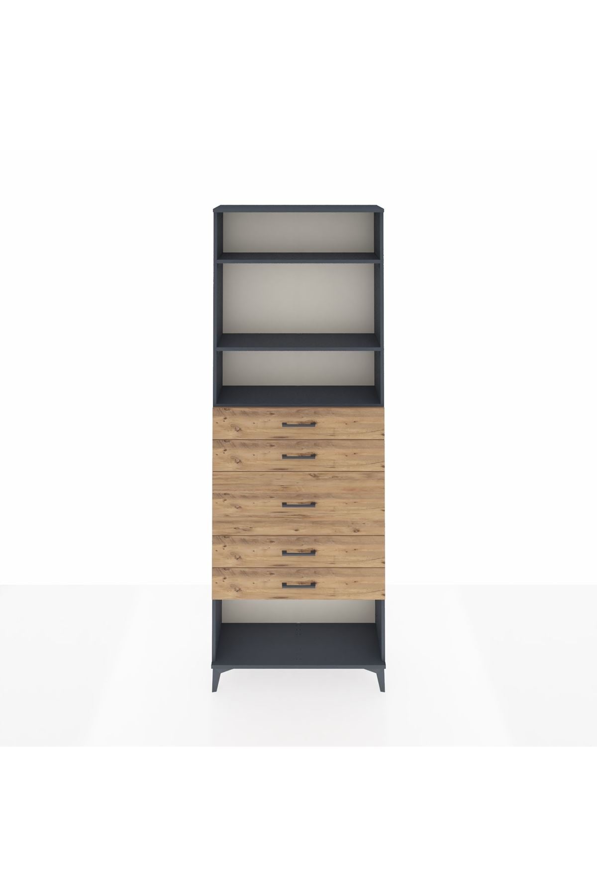 Arges Dolap 3 Raflı 5 Çekmeceli 88x30x243 Antrasit-Çam