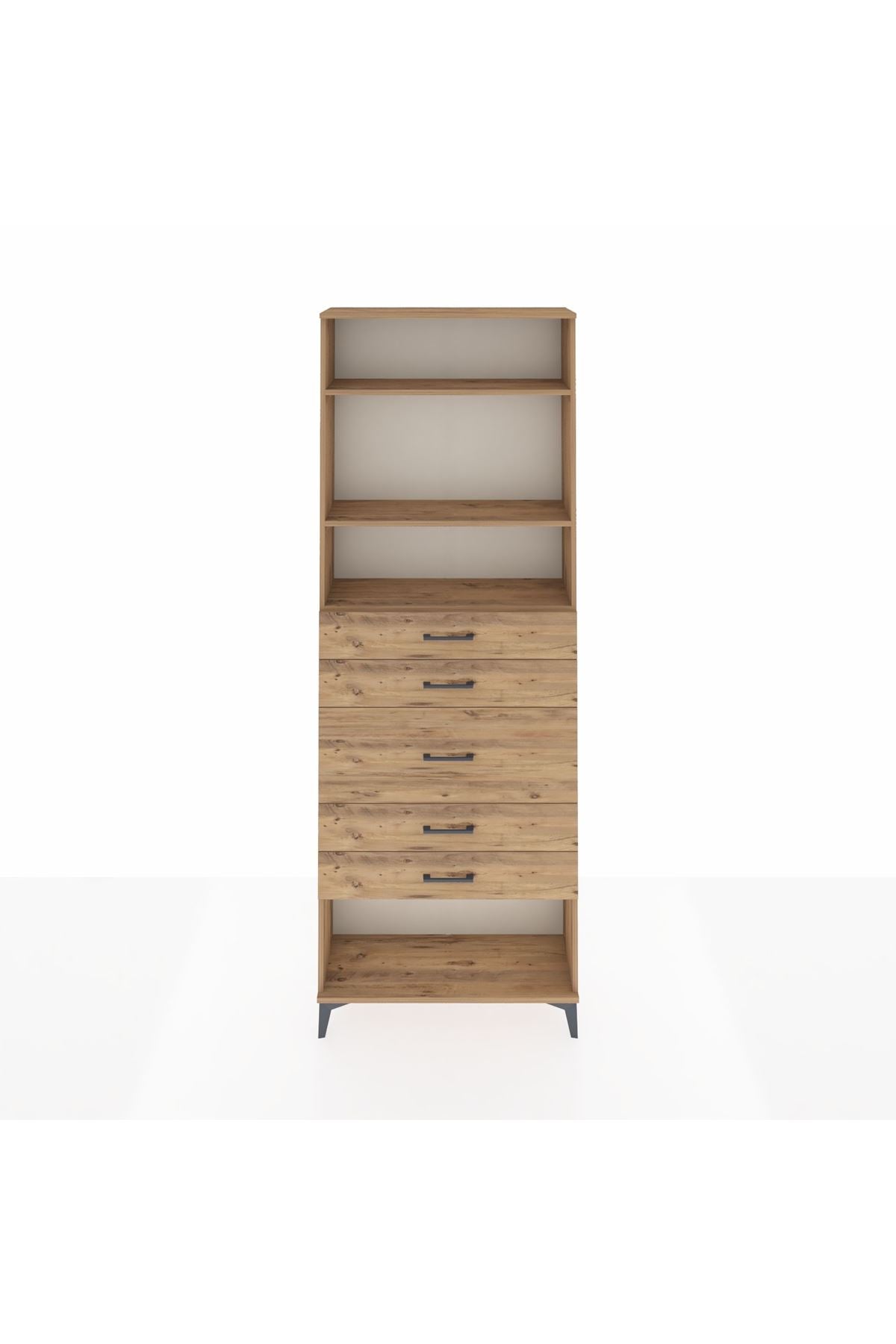 Arges Dolap 3 Raflı 5 Çekmeceli 88x30x243 Çam-Çam