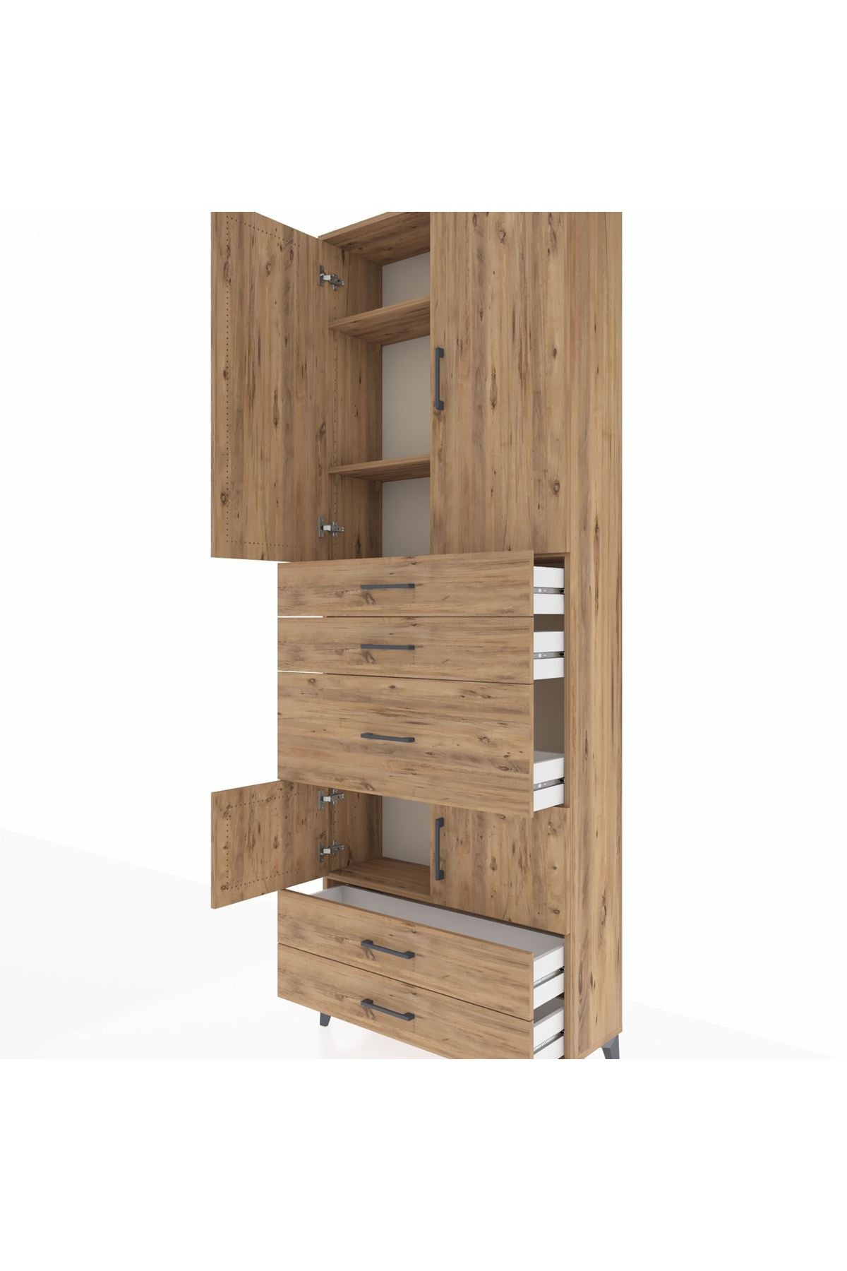 Arges Dolap 4 Raflı 5 Çekmeceli 4 Kapaklı 88x30x243 Çam-Çam