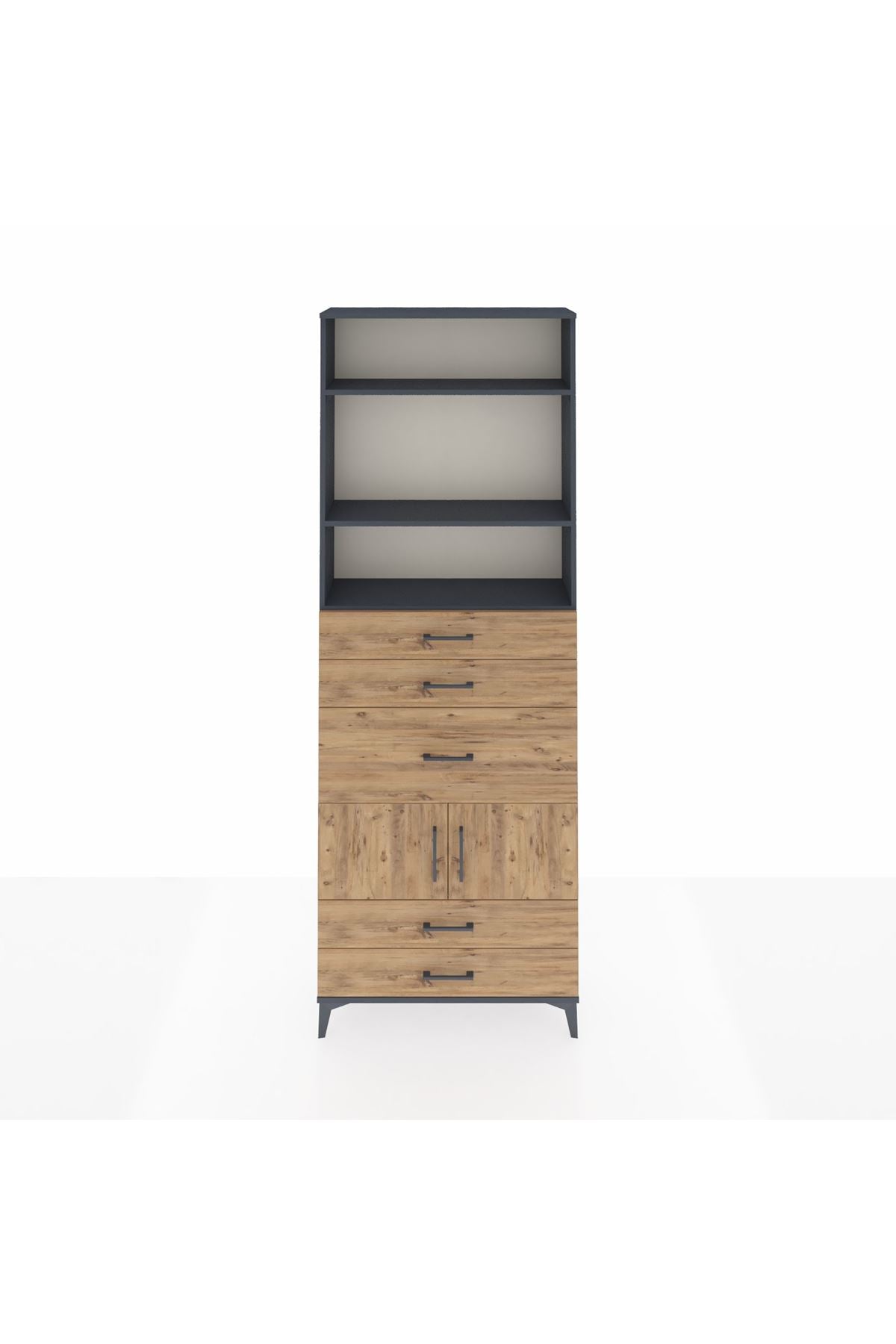 Arges Dolap 4 Raflı 5 Çekmeceli 2 Kapaklı 88x30x243 Antrasit-Çam