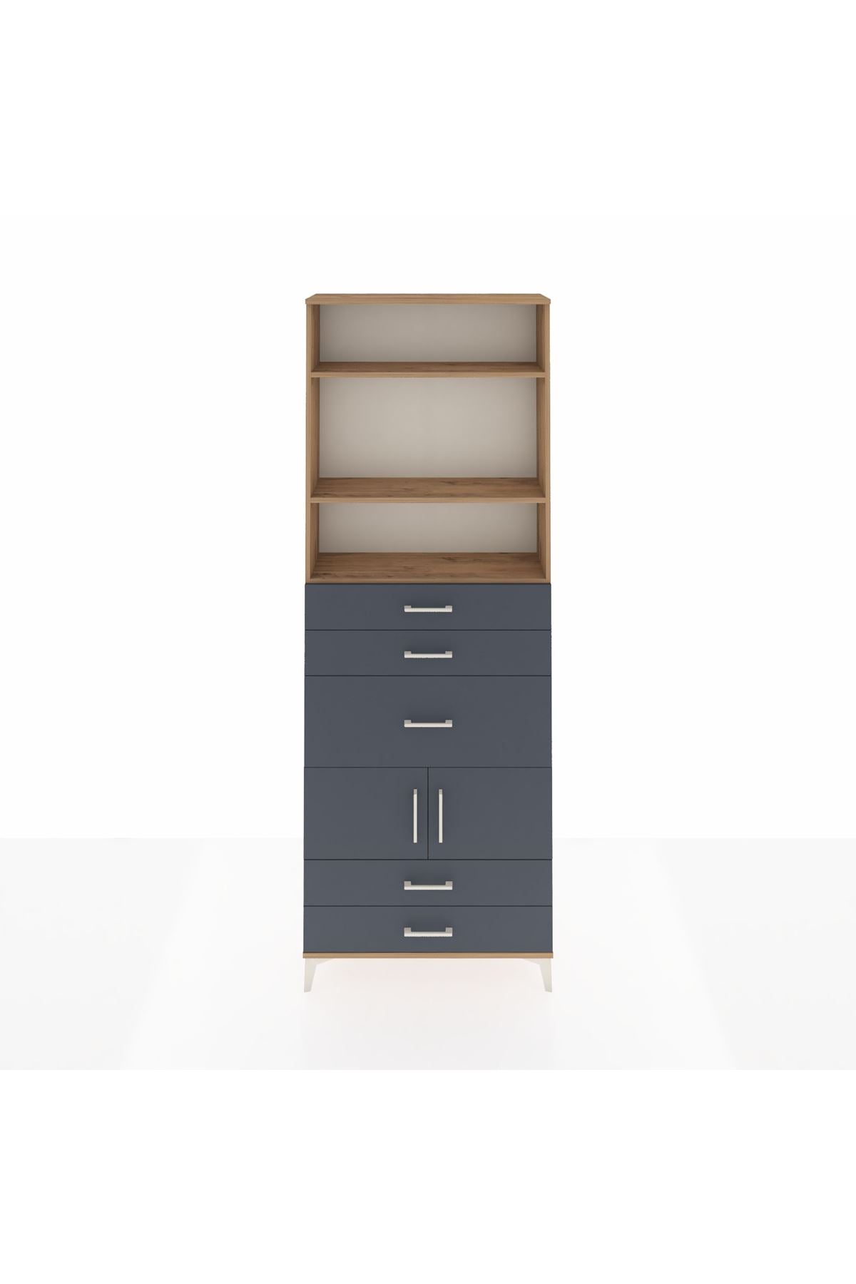 Arges Dolap 4 Raflı 5 Çekmeceli 2 Kapaklı 88x30x243 Çam-Antrasit