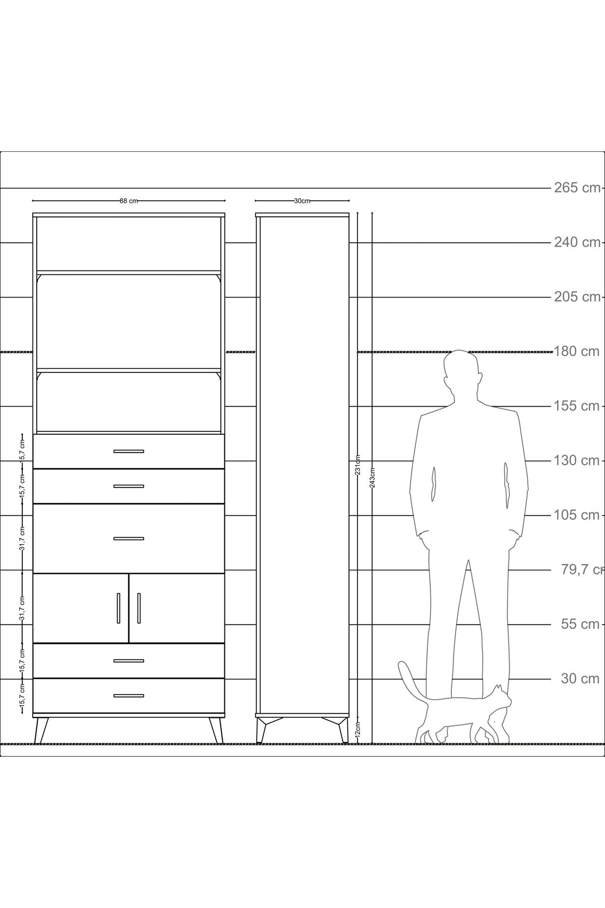 Arges Dolap 4 Raflı 5 Çekmeceli 2 Kapaklı 88x30x243 Çam-Aytaşı
