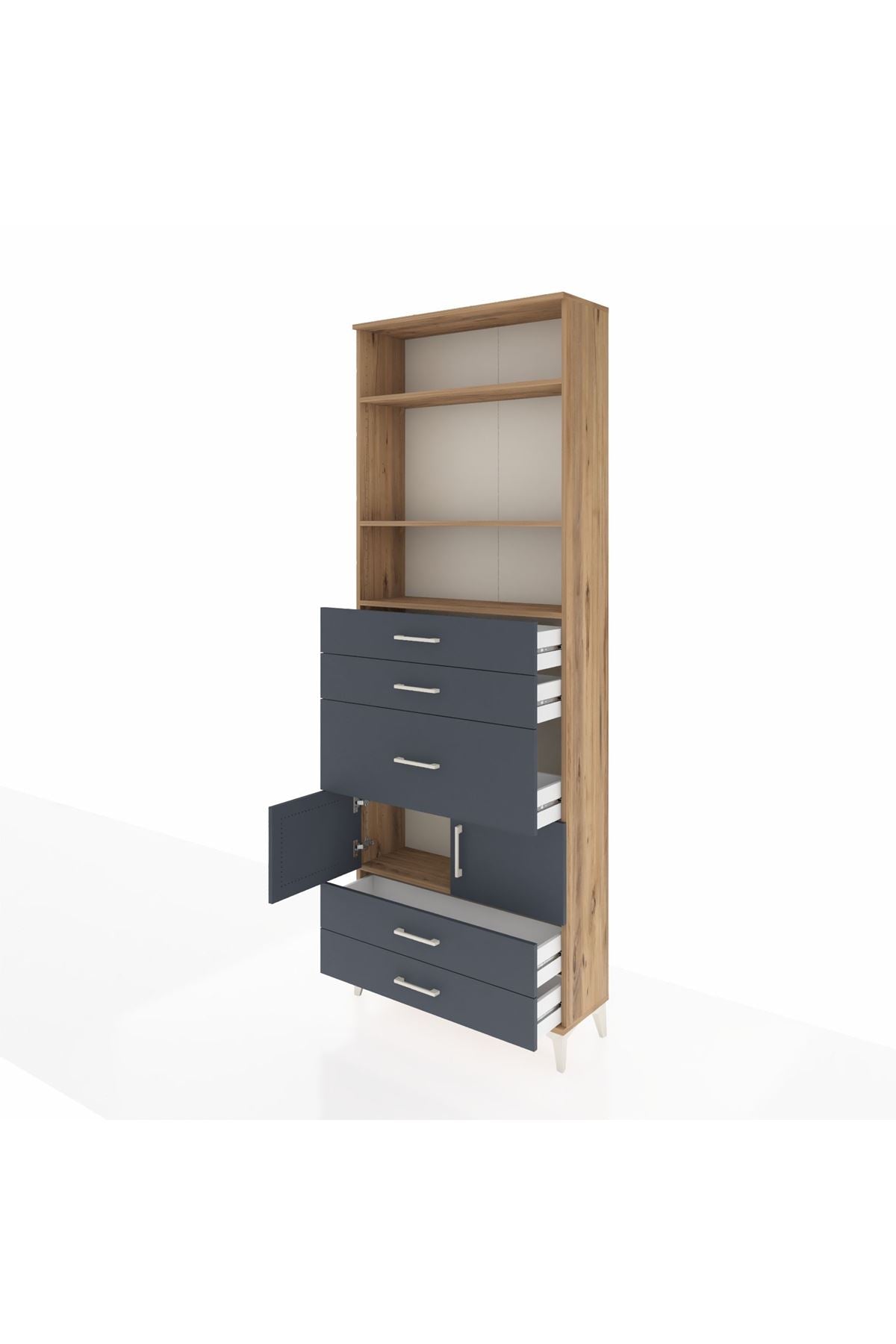 Arges Dolap 4 Raflı 5 Çekmeceli 2 Kapaklı 88x30x243 Çam-Antrasit