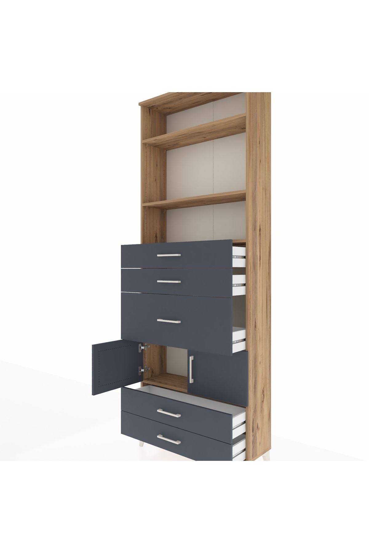 Arges Dolap 4 Raflı 5 Çekmeceli 2 Kapaklı 88x30x243 Çam-Antrasit