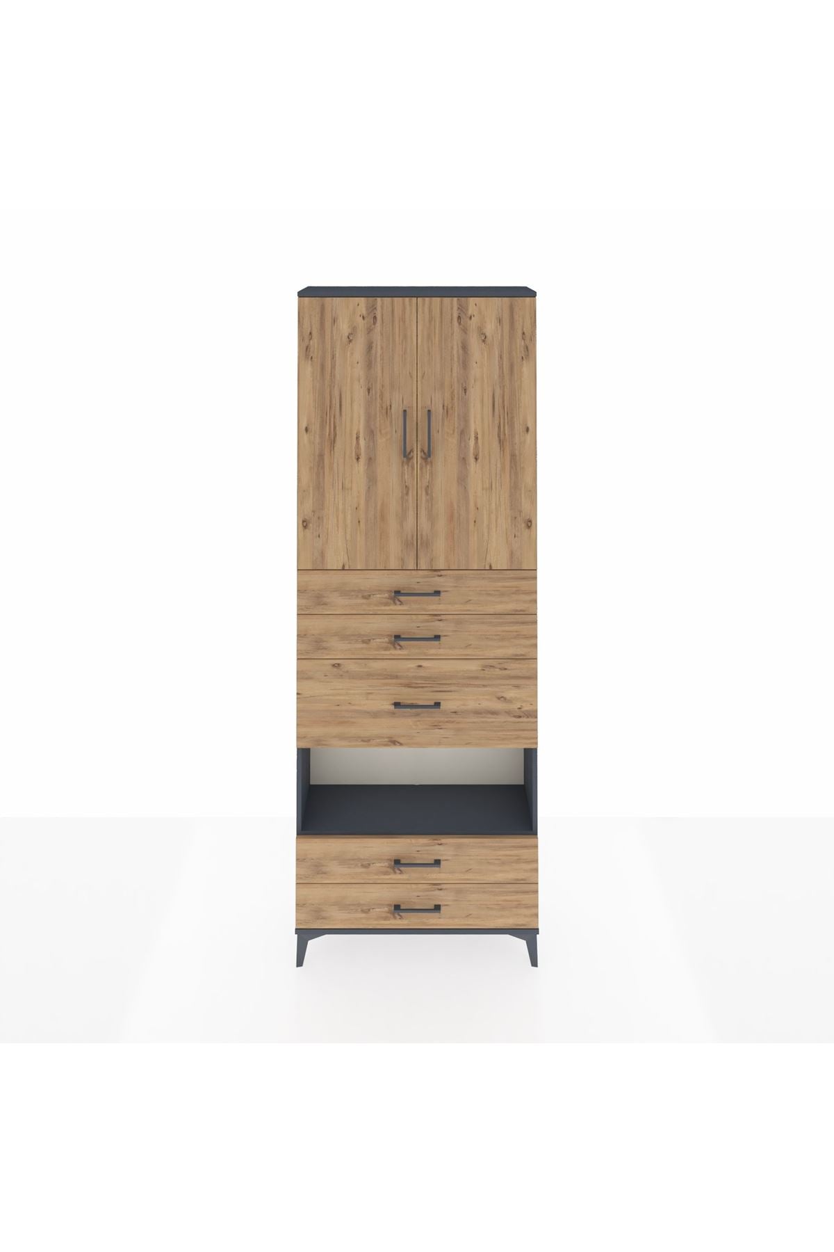 Arges Dolap 4 Raflı 5 Çekmeceli 2 Kapaklı 88x30x243 Antrasit-Çam