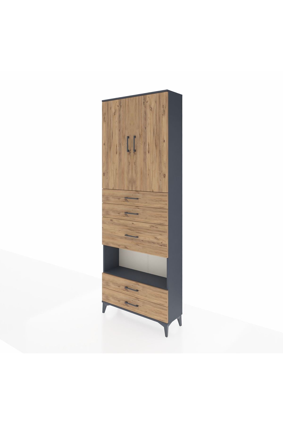 Arges Dolap 4 Raflı 5 Çekmeceli 2 Kapaklı 88x30x243 Antrasit-Çam